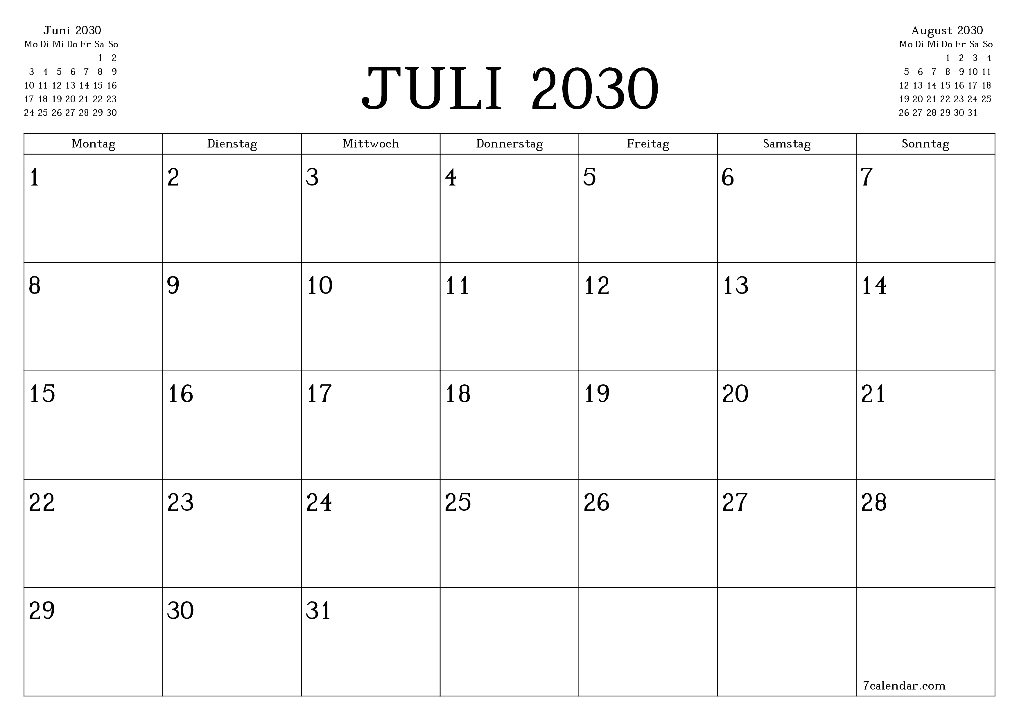 Monatsplaner für Monat Juli 2030 mit Notizen leeren, speichern und als PDF PNG German - 7calendar.com drucken