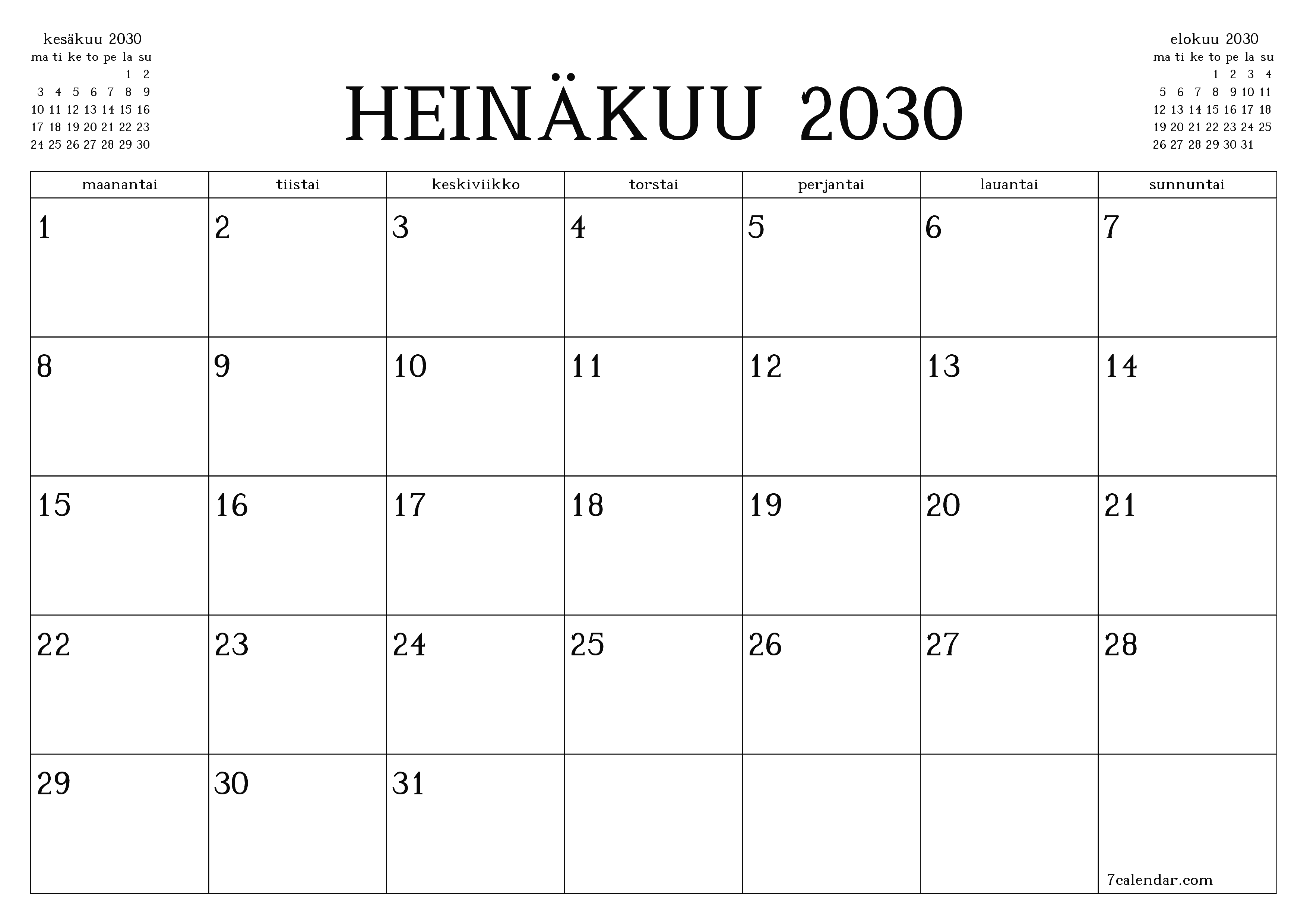 Tyhjennä kuukausittainen suunnittelija kuukaudelle Heinäkuu 2030 muistiinpanoilla, tallenna ja tulosta PDF-muotoon PNG Finnish