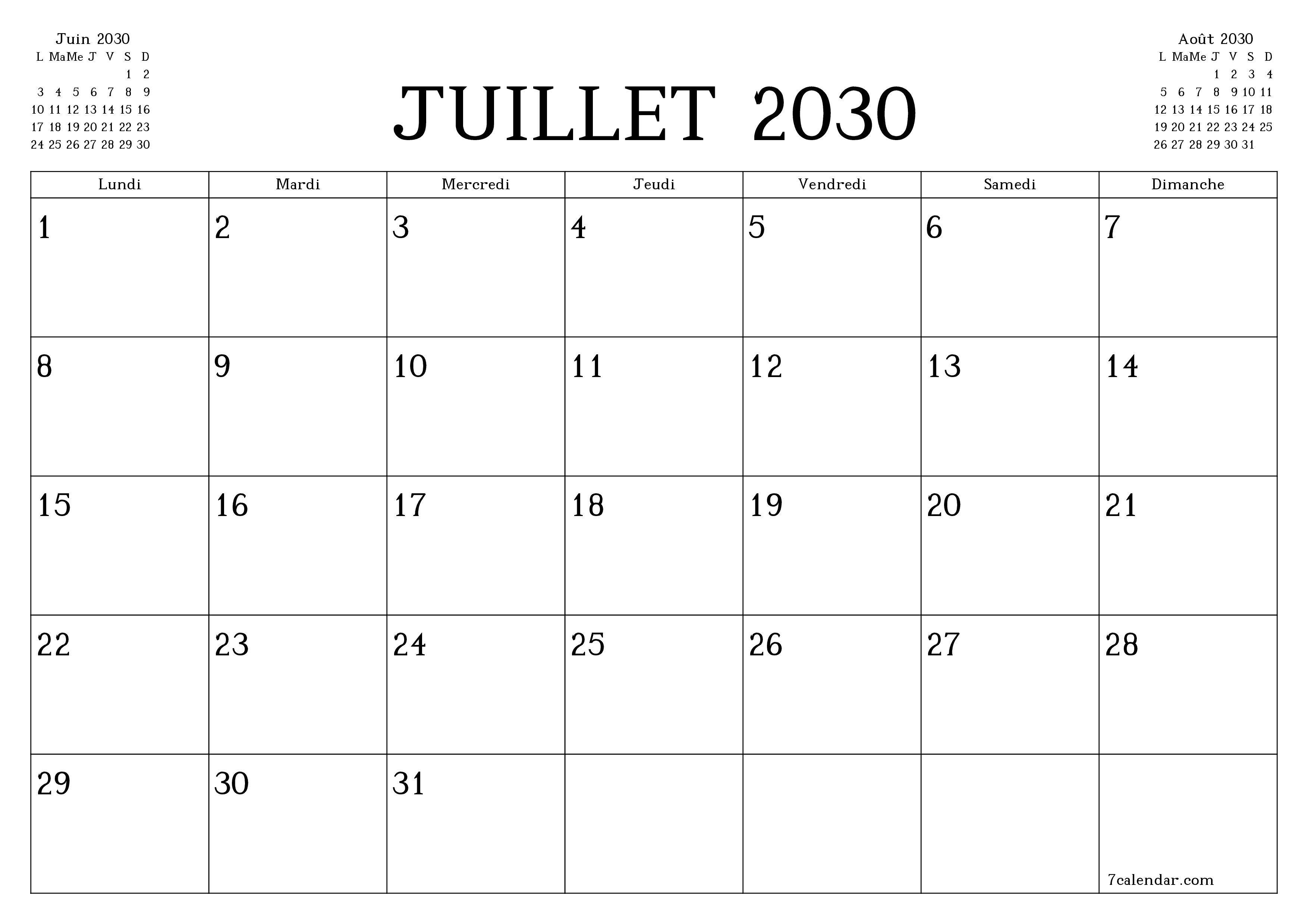 Agenda mensuel vide pour le mois Juillet 2030 avec notes, enregistrez et imprimez au format PDF PNG French