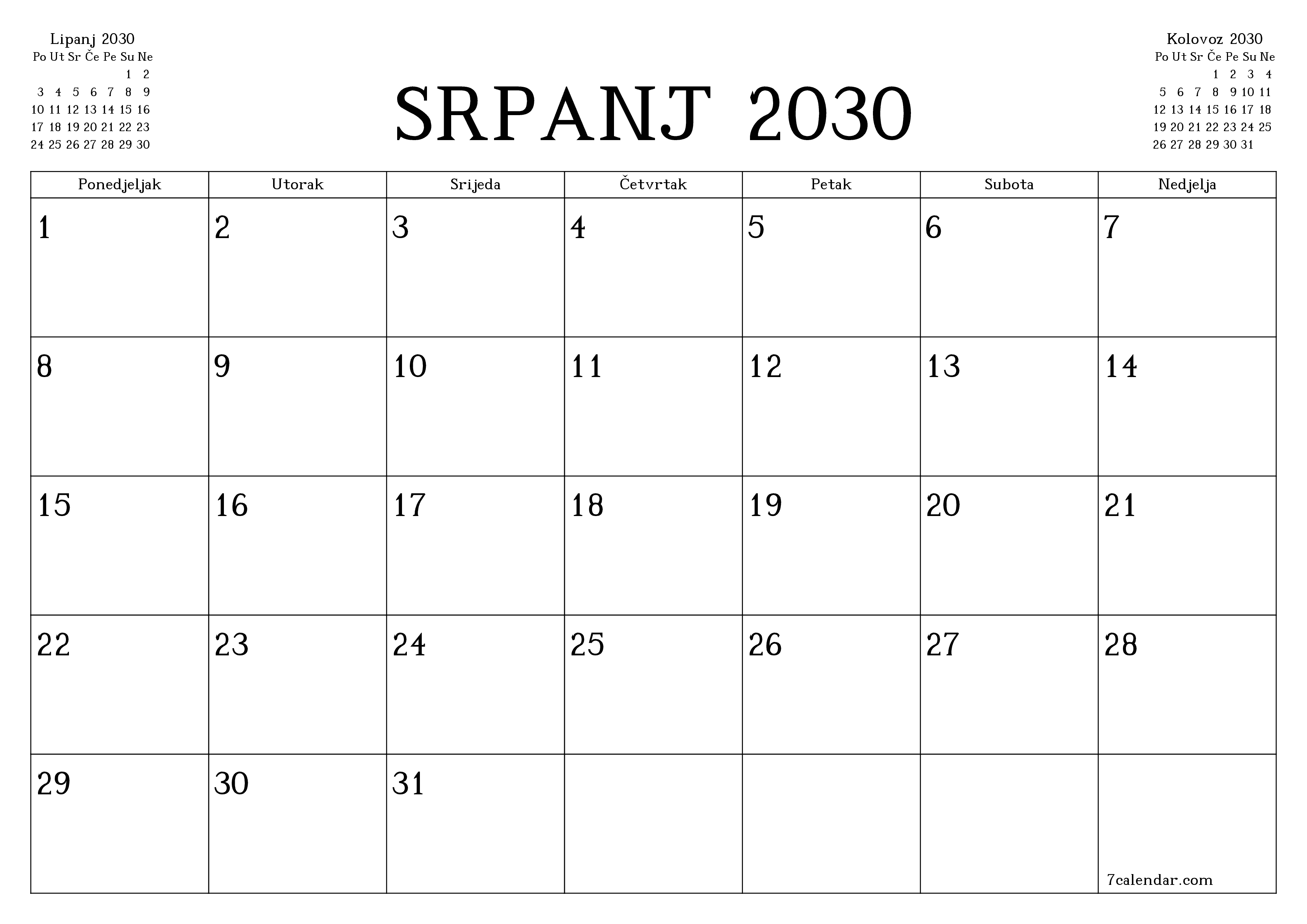 Ispraznite mjesečni planer za mjesec Srpanj 2030 s bilješkama, spremite i ispišite u PDF PNG Croatian