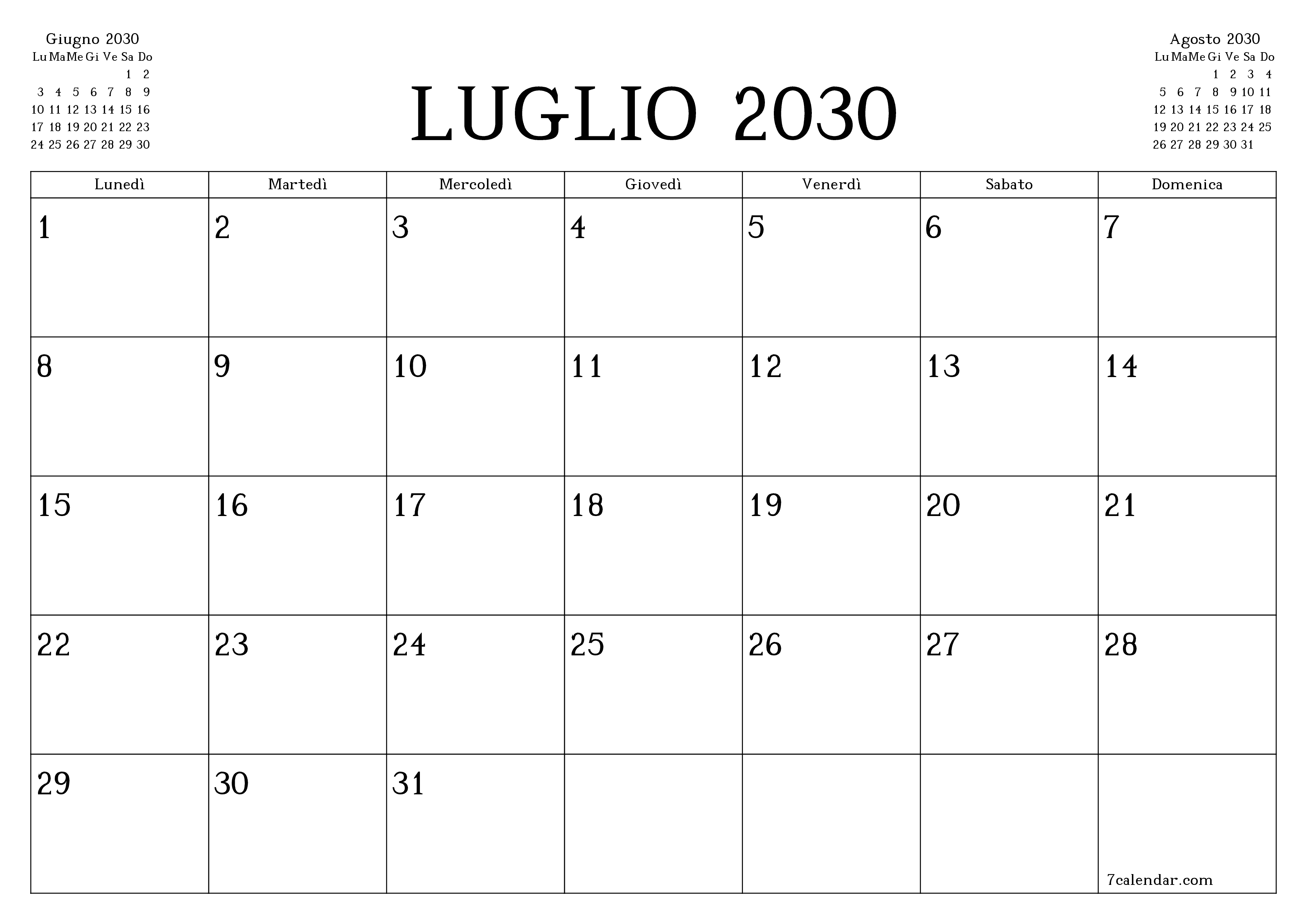 Pianificatore mensile vuoto per il mese Luglio 2030 con note, salva e stampa in PDF PNG Italian
