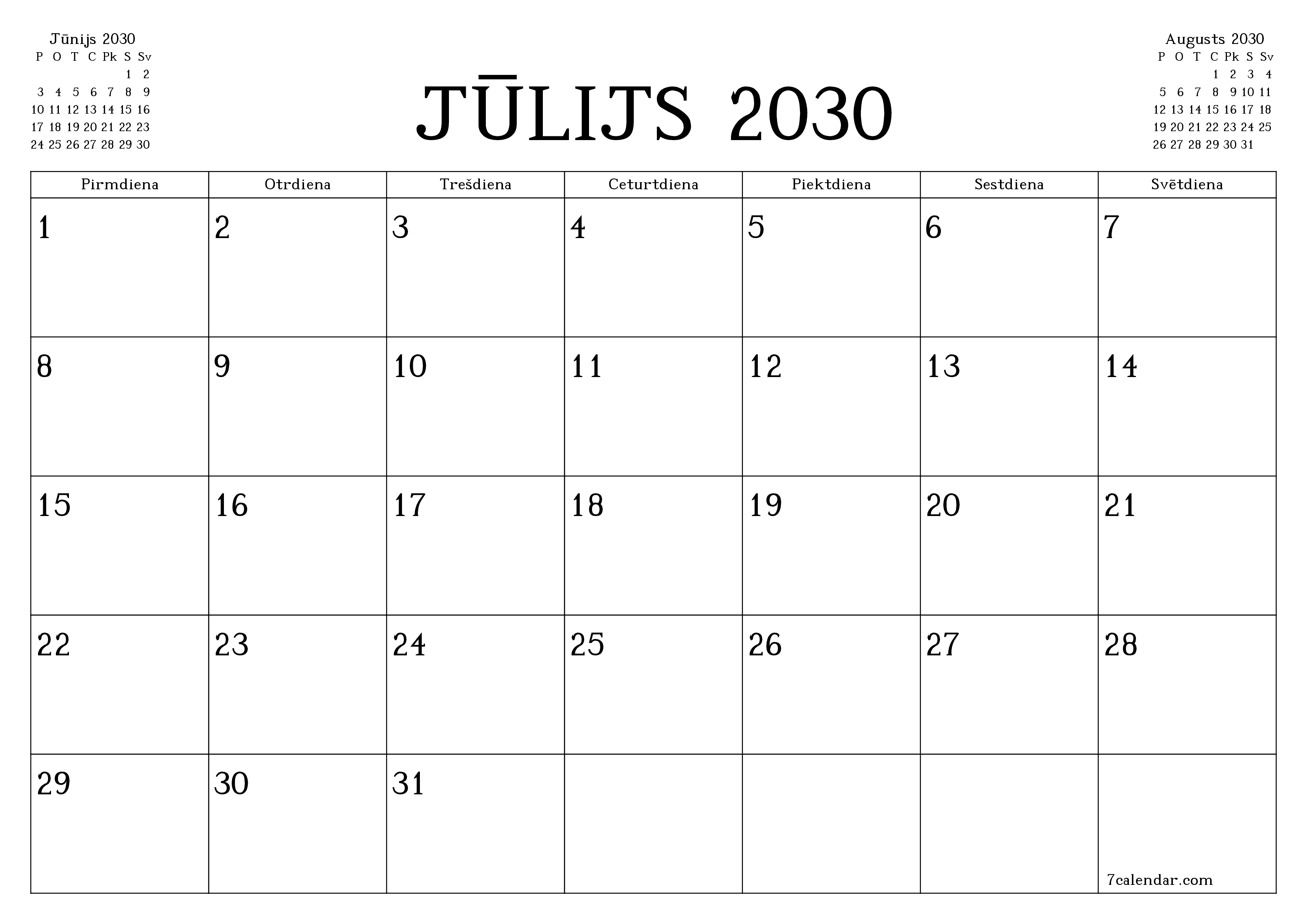 Iztukšot mēneša plānotāju mēnesim Jūlijs 2030 ar piezīmēm, saglabāt un izdrukāt PDF formātā PNG Latvian