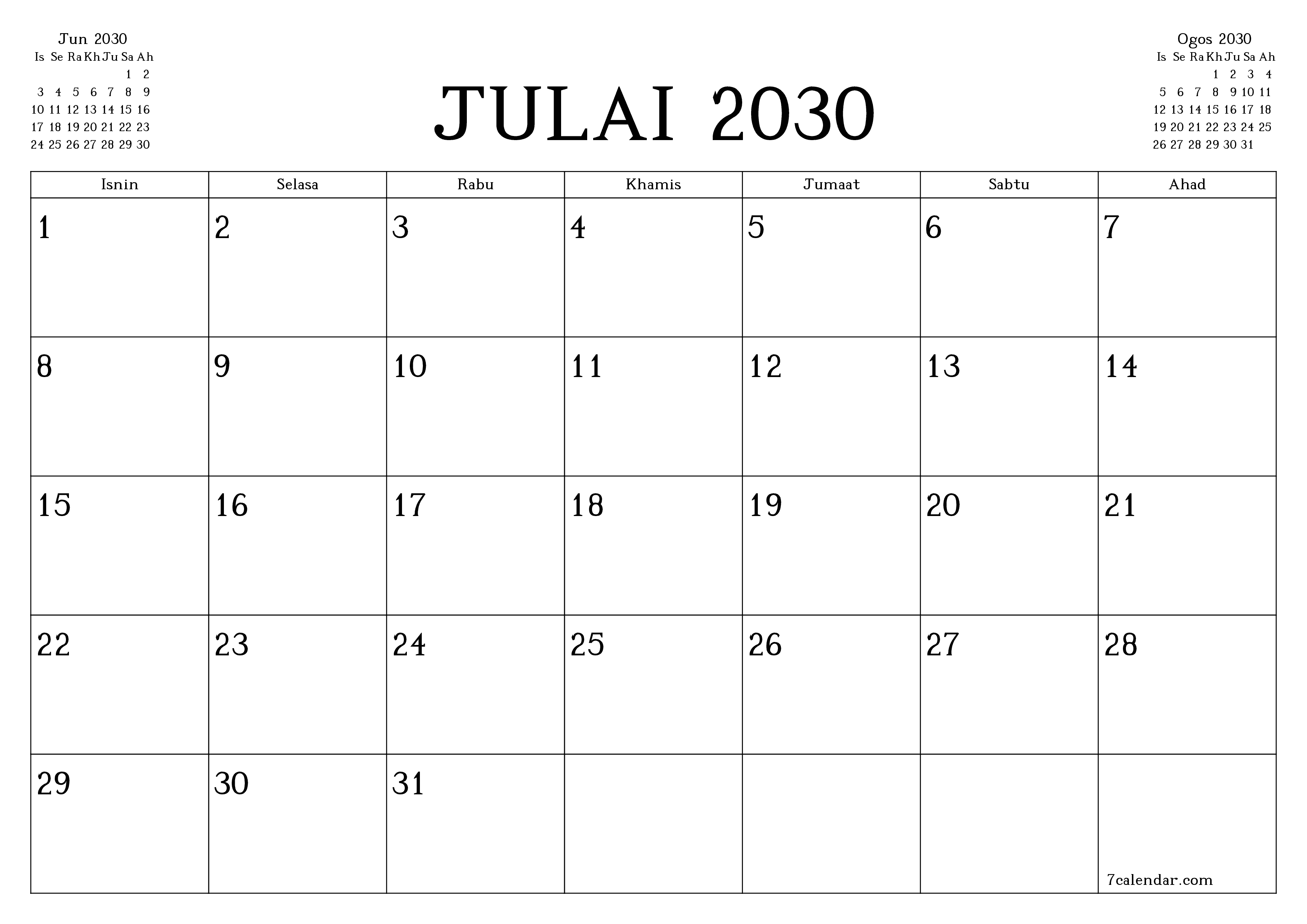 Perancang bulanan kosong untuk bulan Julai 2030 dengan nota, simpan dan cetak ke PDF PNG Malay