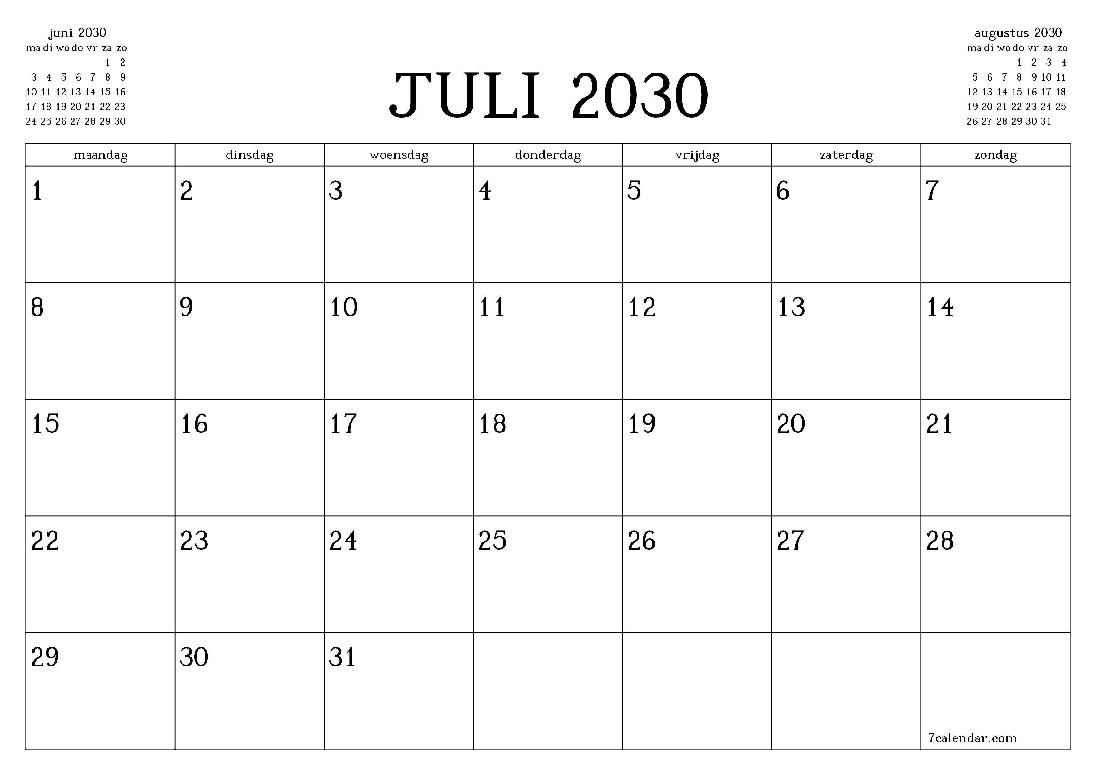 Lege maandplanner voor maand juli 2030 met notities, opslaan en afdrukken naar pdf PNG Dutch