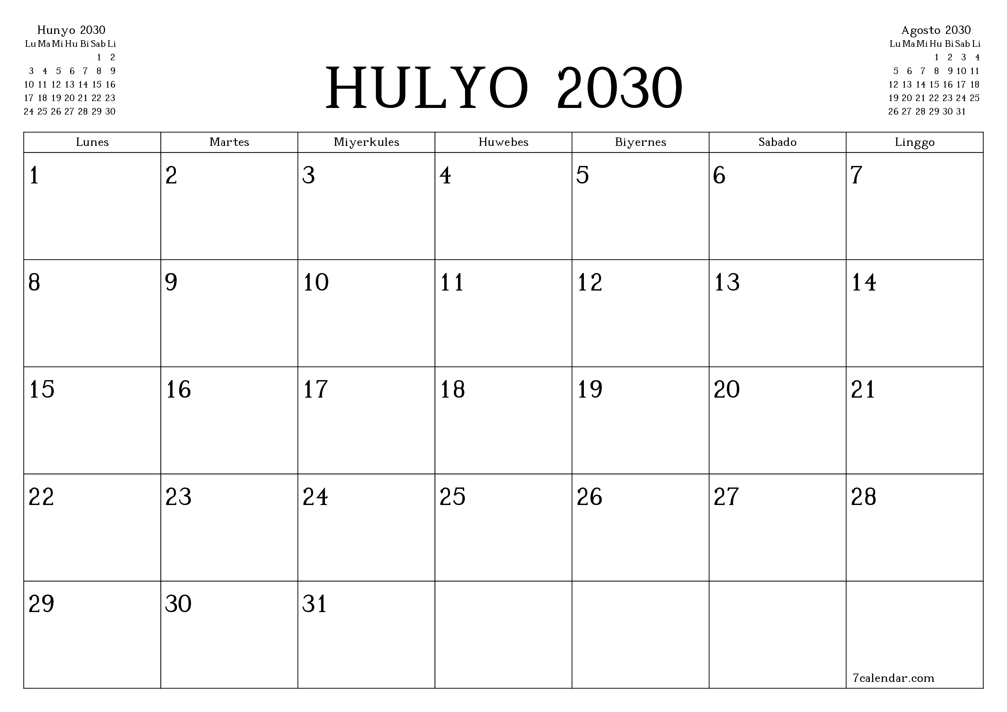 Walang laman na buwanang tagaplano para sa buwan na Hulyo 2030 na may mga tala, i-save at i-print sa PDF PNG Filipino
