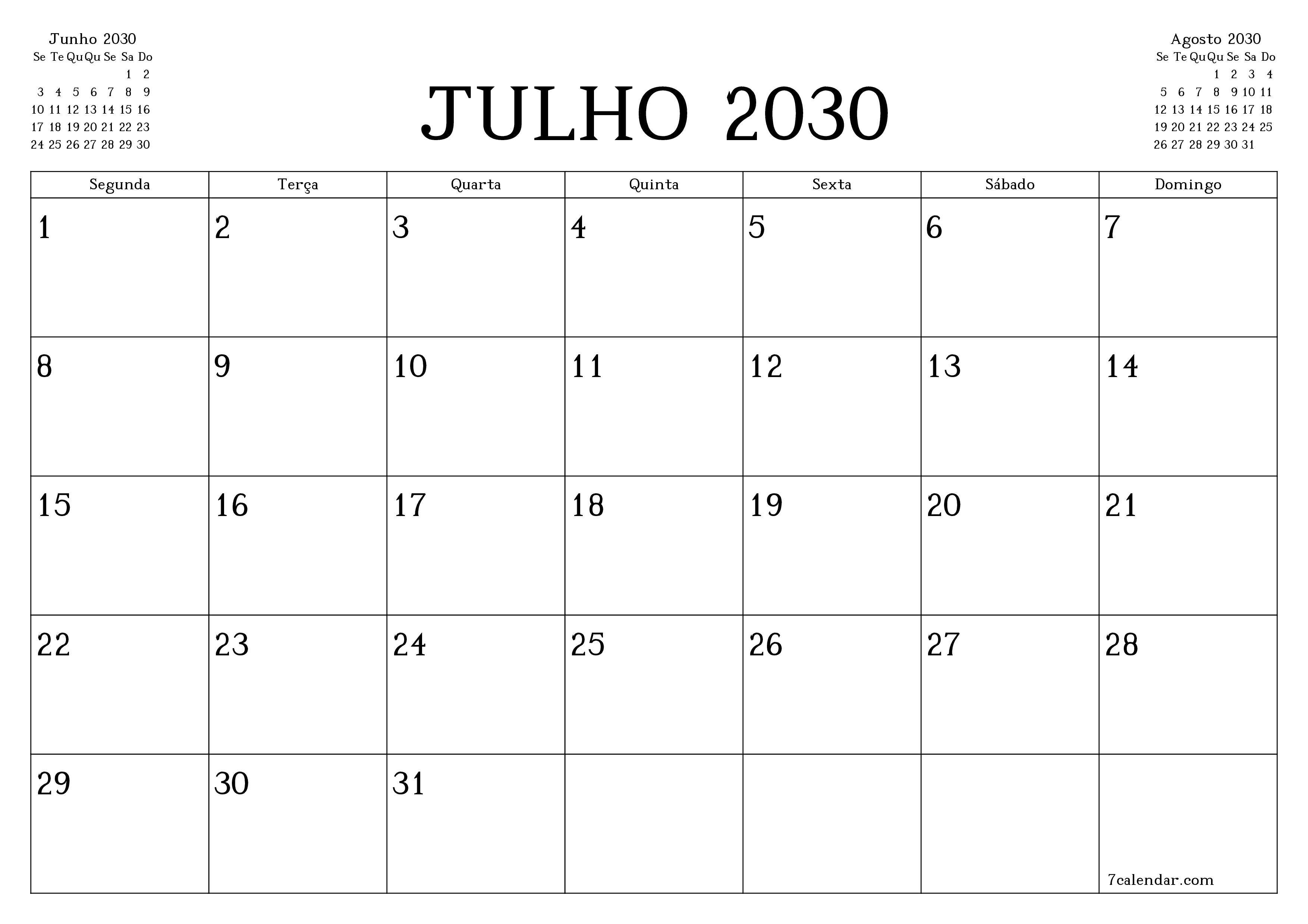 Esvazie o planejador mensal para o mês Julho 2030 com notas, salve e imprima em PDF PNG Portuguese