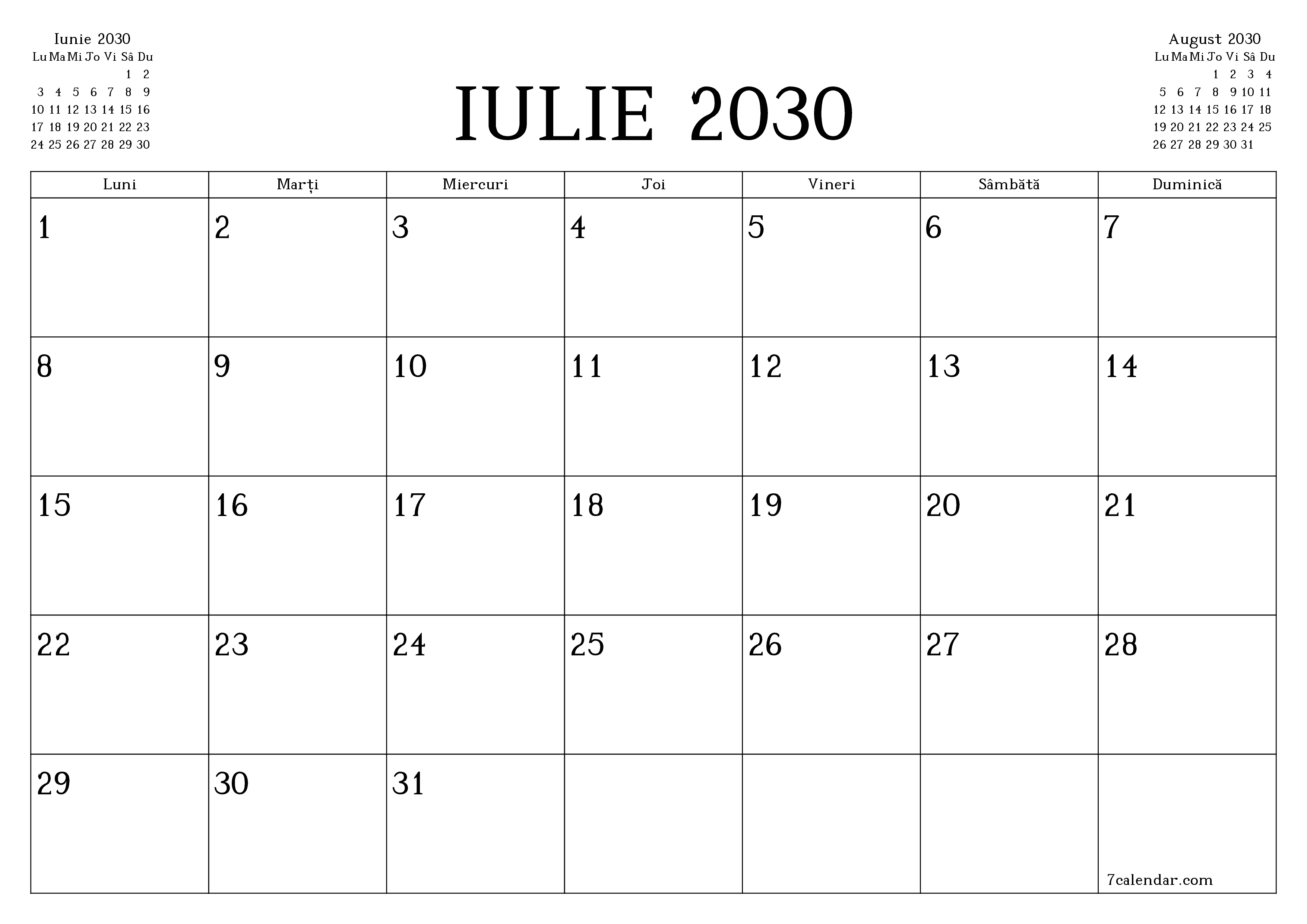 Planificator lunar gol pentru luna Iulie 2030 cu note, salvați și tipăriți în PDF PNG Romanian