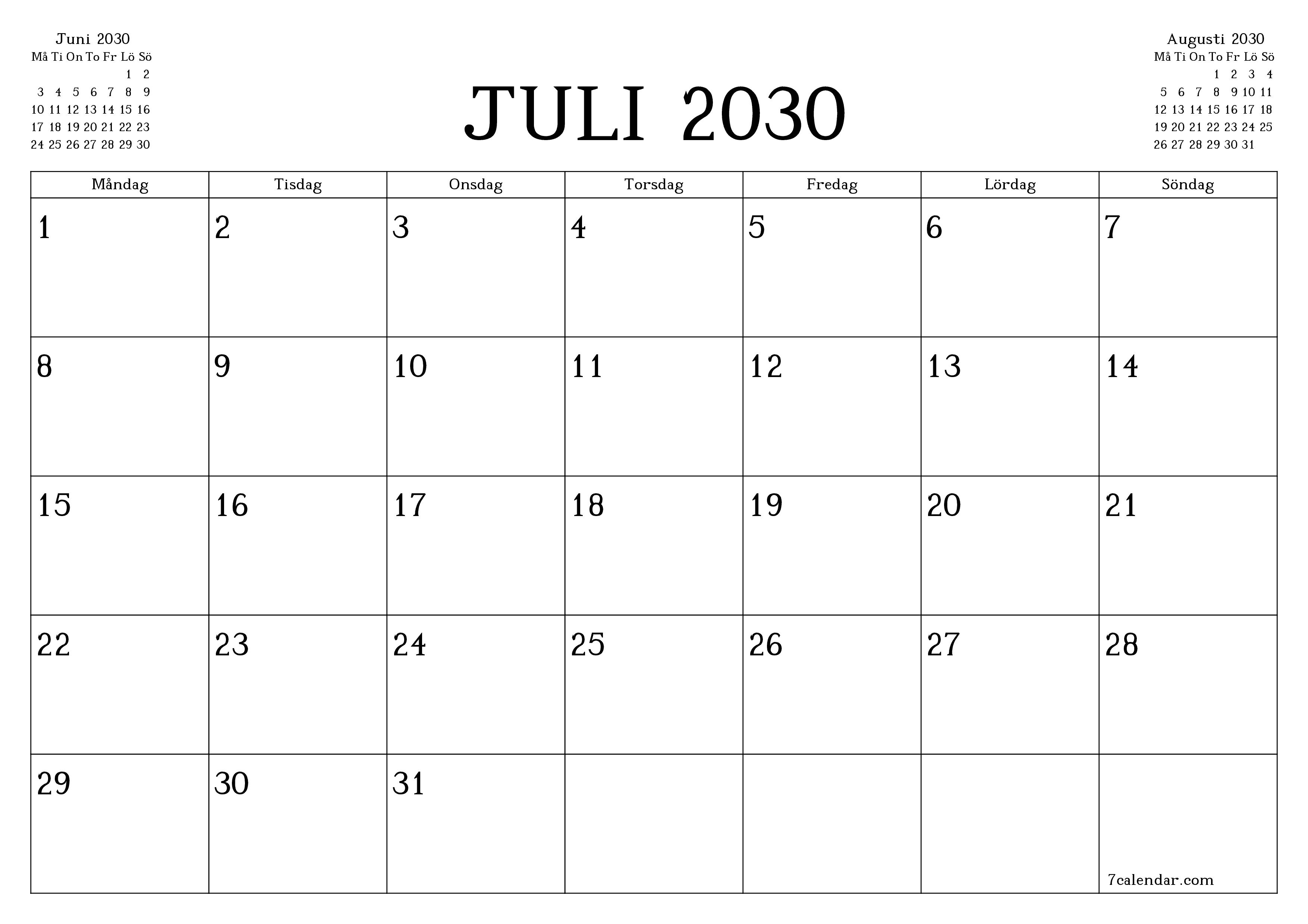 Tom månadsplanerare för månad Juli 2030 med anteckningar, spara och skriv ut till PDF PNG Swedish