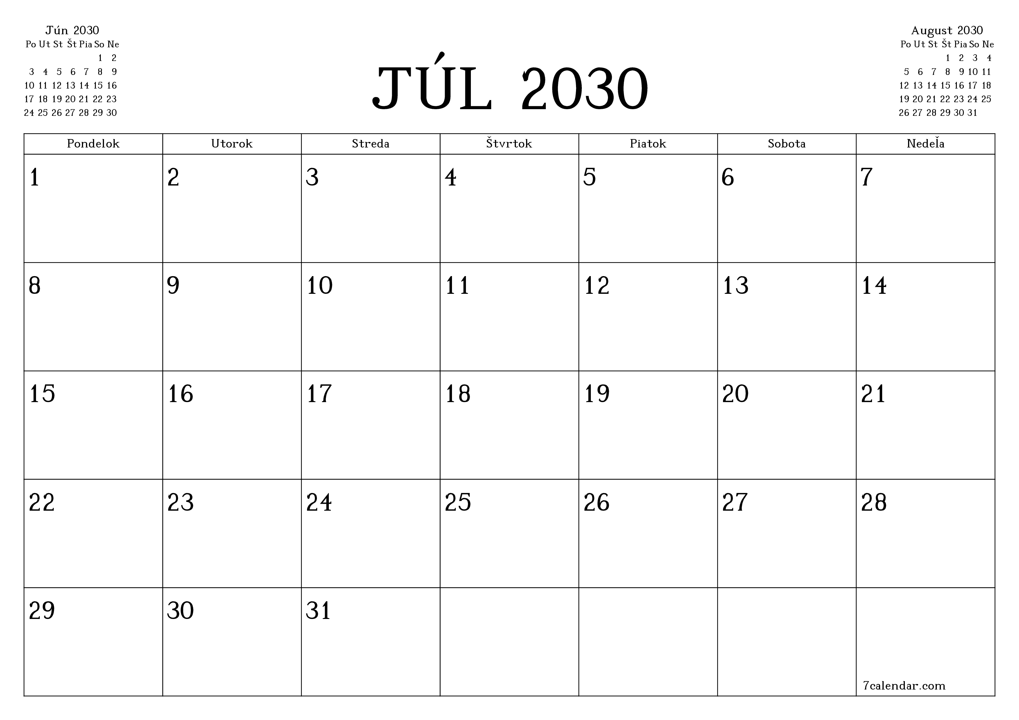 Prázdny mesačný plánovač na mesiac Júl 2030 s poznámkami, uloženie a tlač do PDF PNG Slovak
