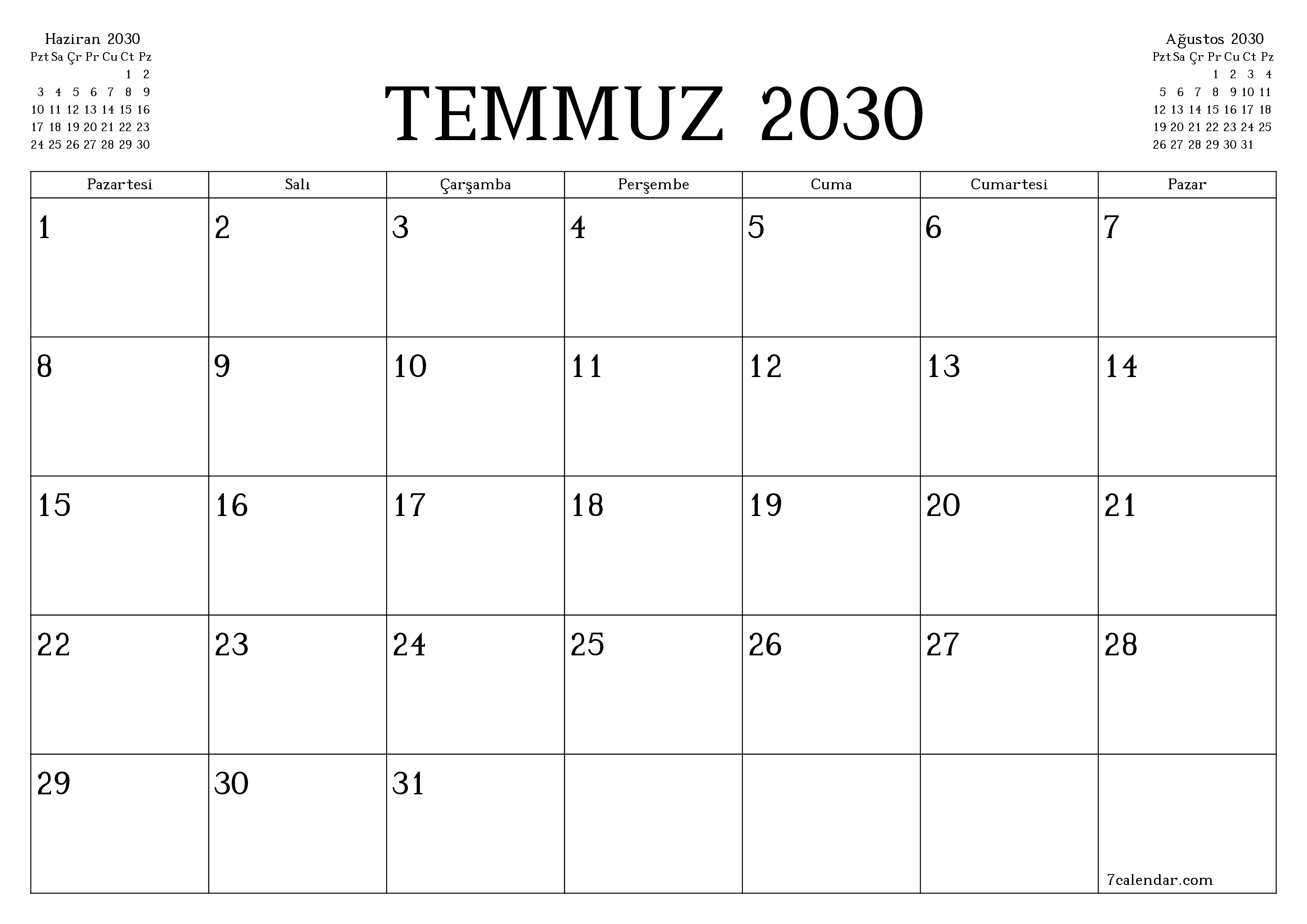 Temmuz 2030 ayı için notlarla birlikte boş aylık planlayıcı, kaydedin ve PDF'ye yazdırın PNG Turkish
