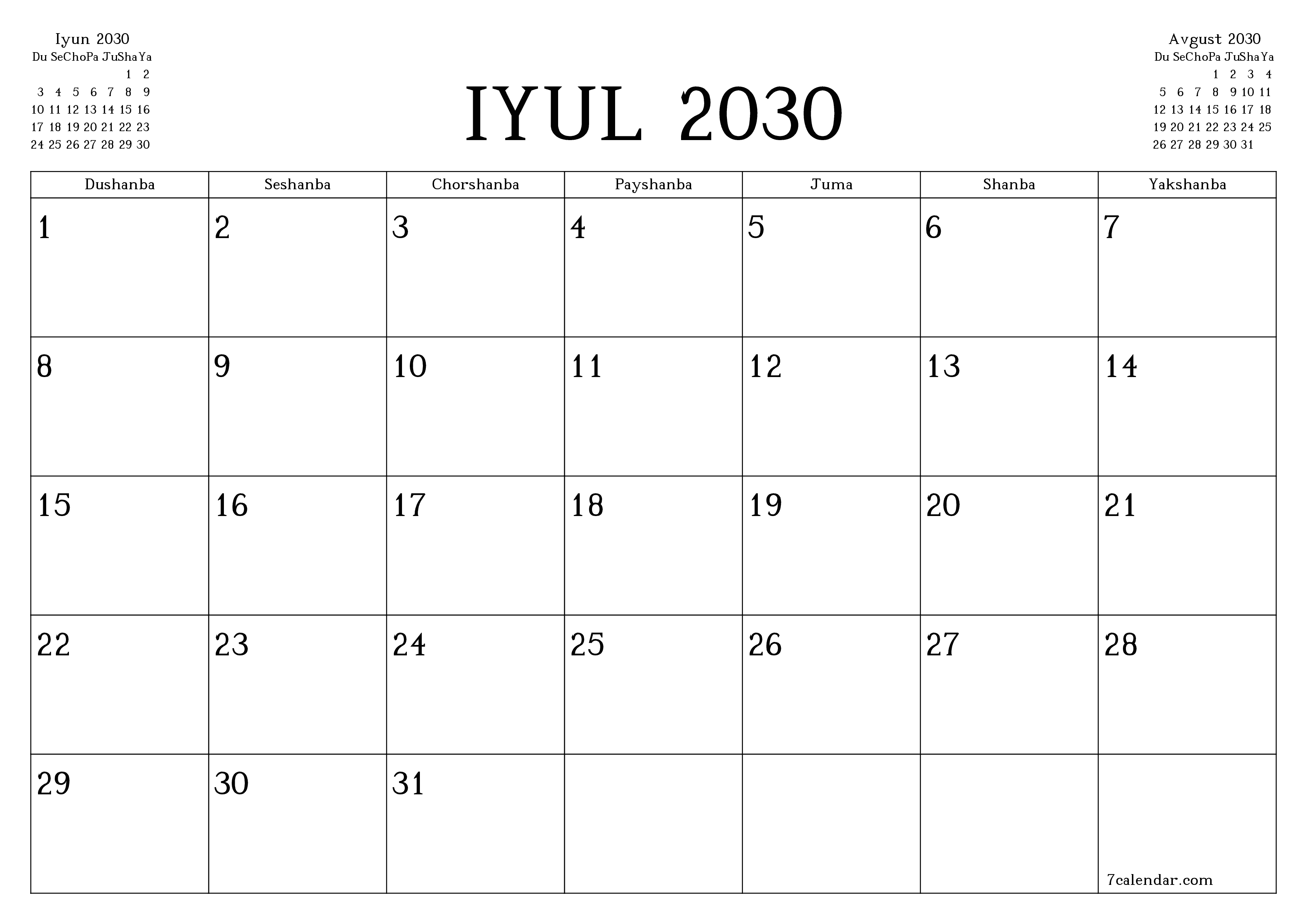 Iyul 2030 oylik oylik rejalashtiruvchini yozuvlar bilan bo'shatish, saqlash va PDF-ga chop etish PNG Uzbek