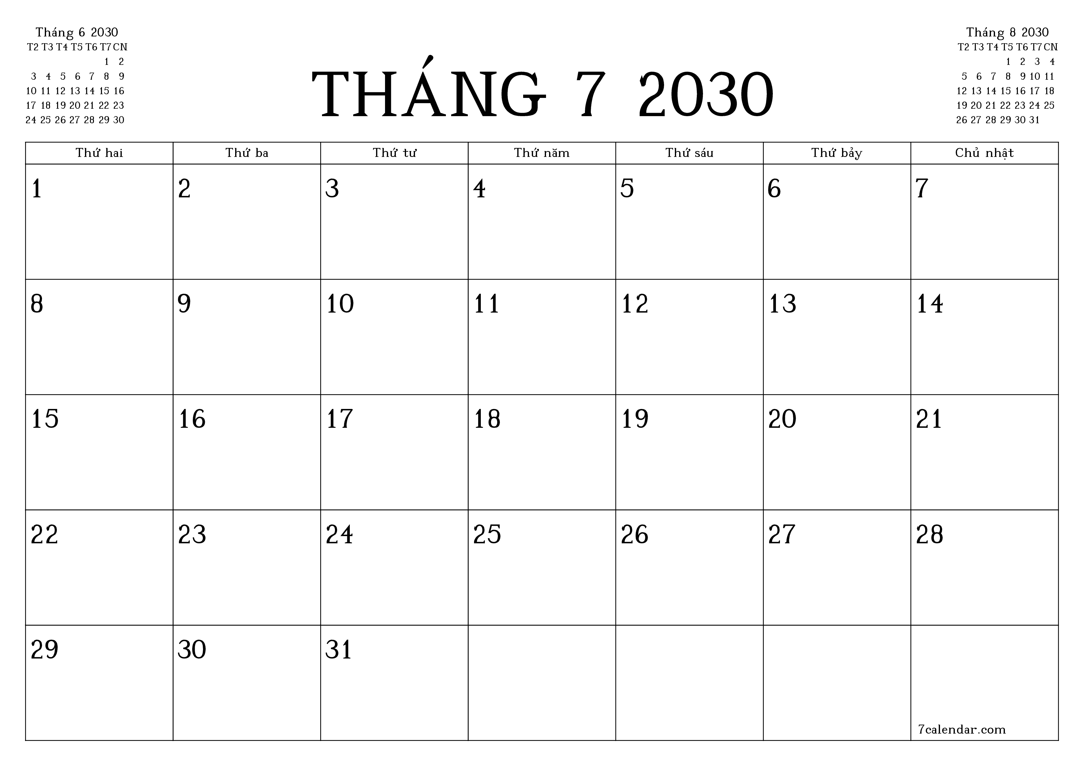 Công cụ lập kế hoạch hàng tháng trống cho tháng Tháng 7 2030 có ghi chú, lưu và in sang PDF PNG Vietnamese