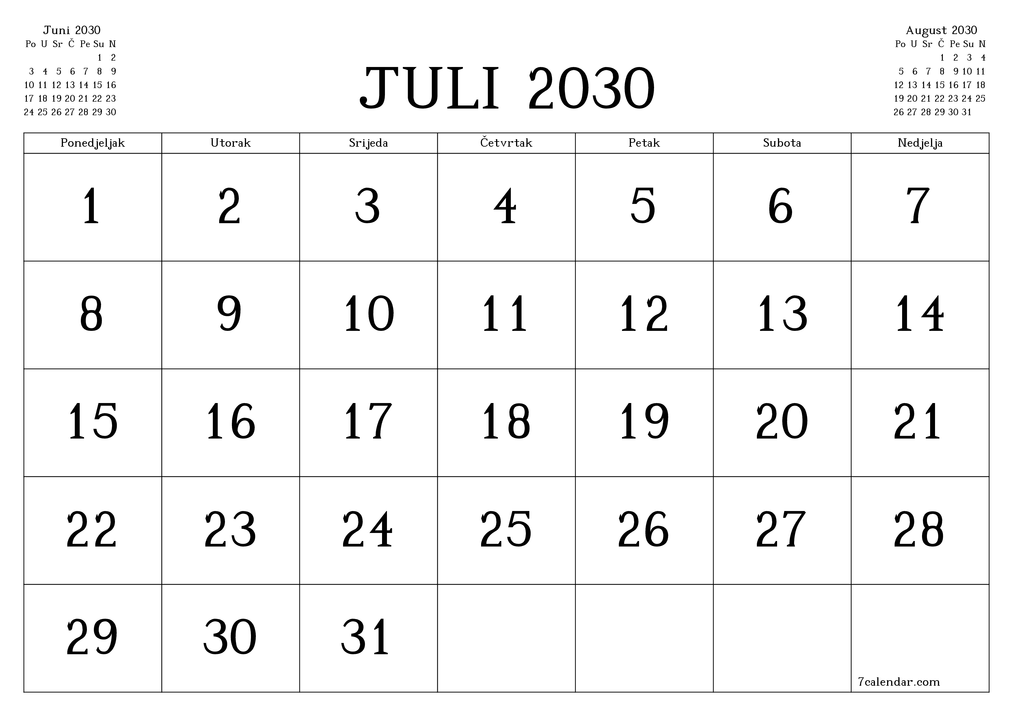 Ispraznite mjesečni planer za mjesec Juli 2030 s bilješkama, spremite i ispišite u PDF PNG Bosnian