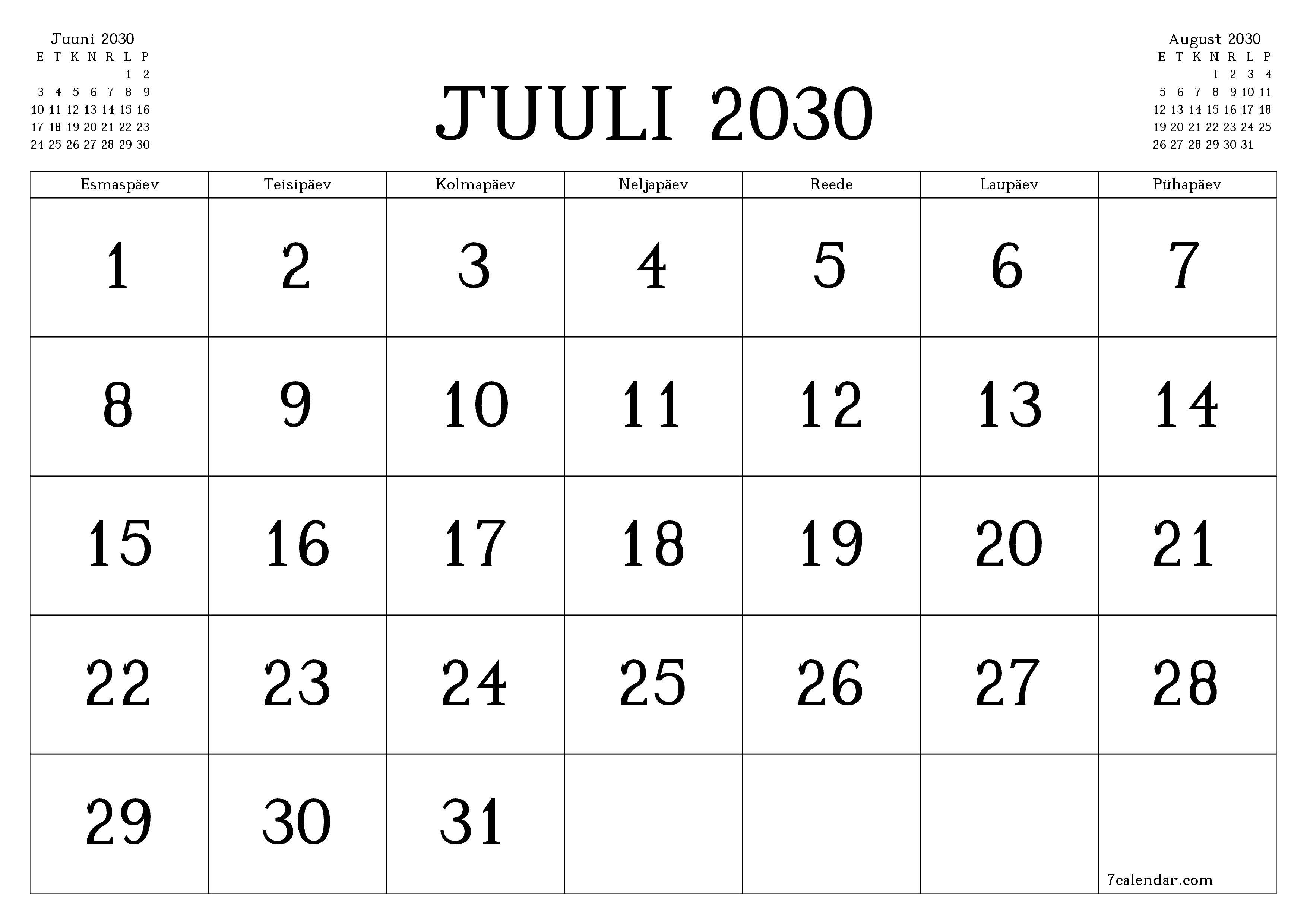 Tühjendage kuu Juuli 2030 kuuplaneerija märkmetega, salvestage ja printige PDF-i PNG Estonian