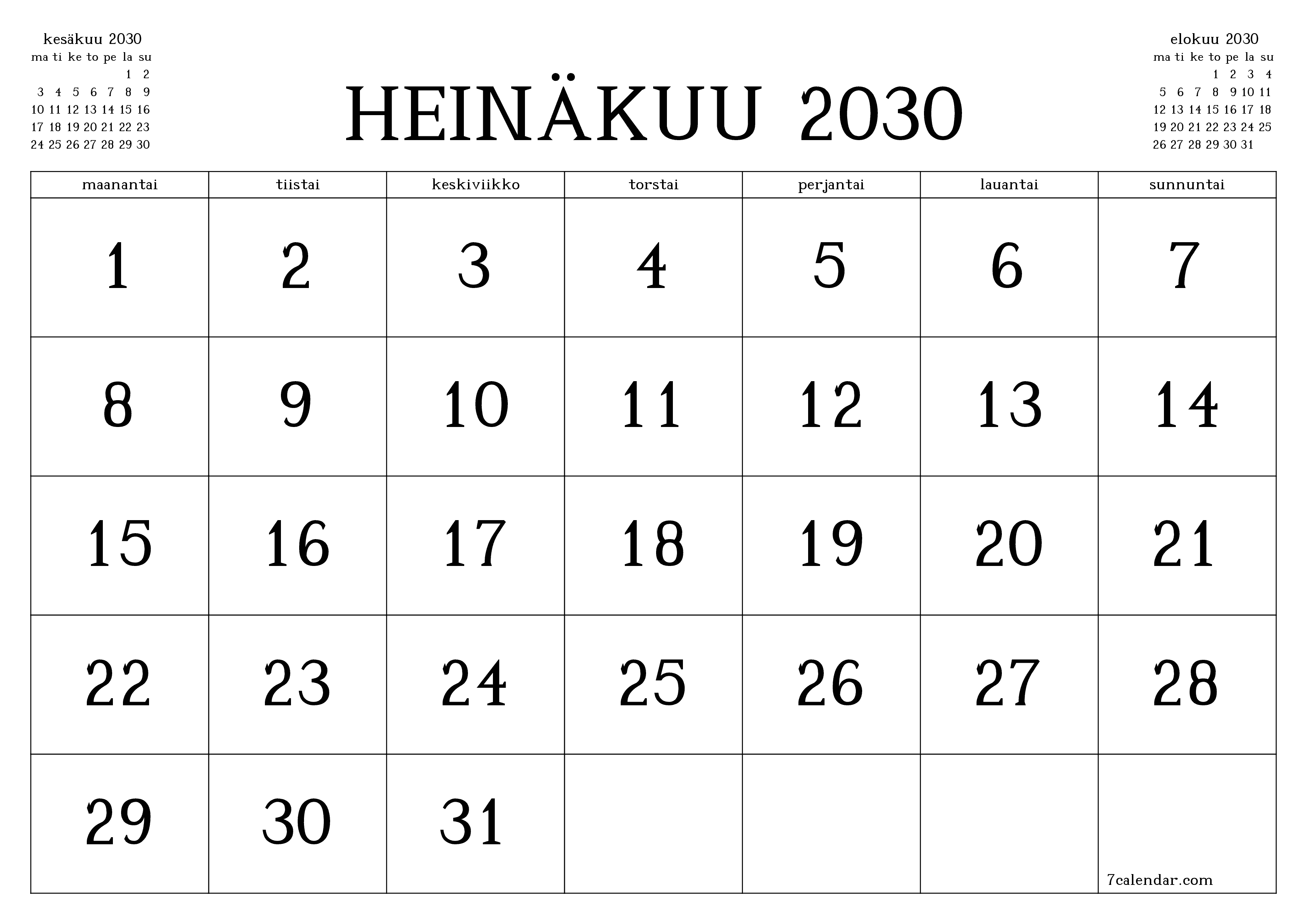 Tyhjennä kuukausittainen suunnittelija kuukaudelle Heinäkuu 2030 muistiinpanoilla, tallenna ja tulosta PDF-muotoon PNG Finnish