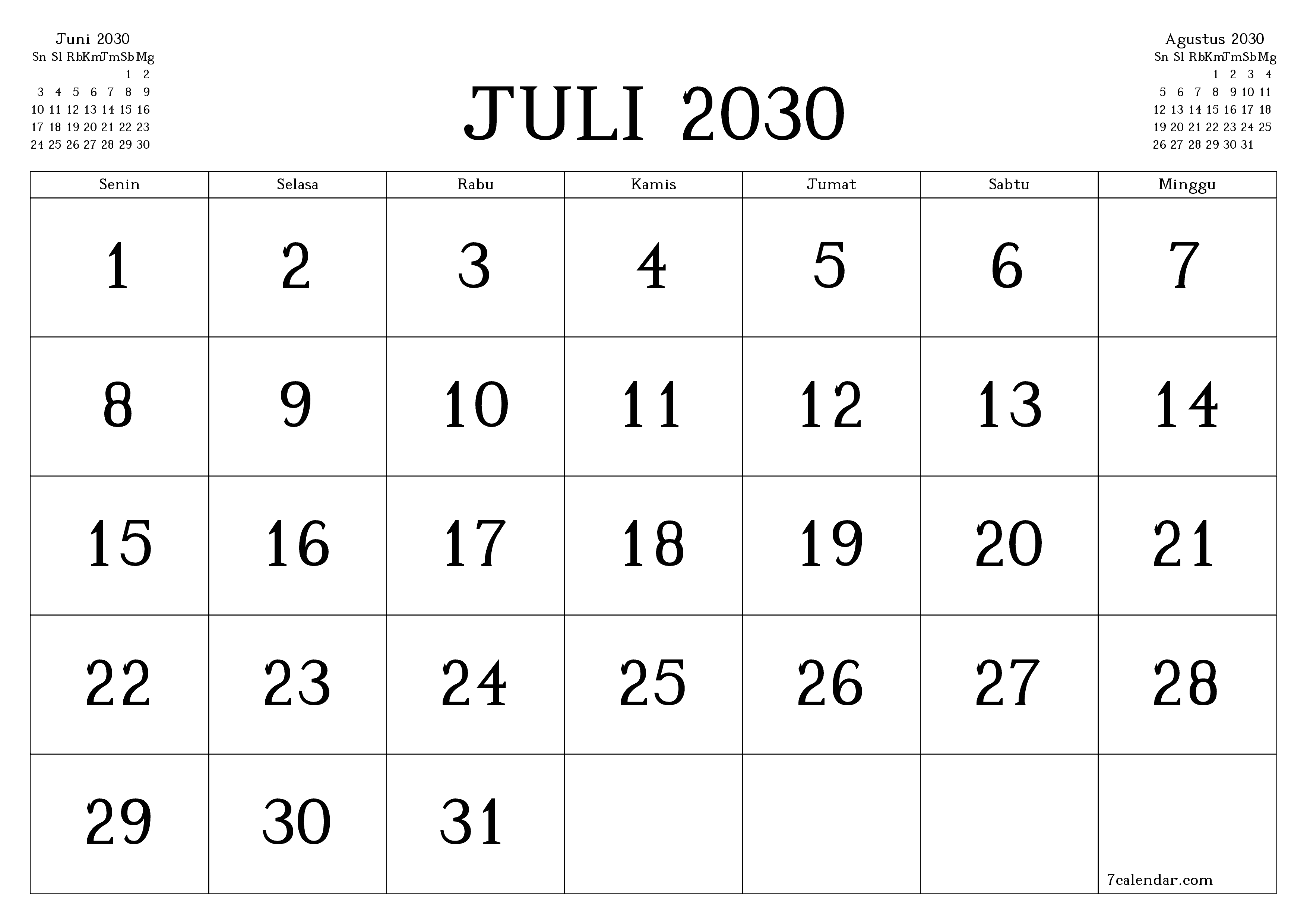 Kosongkan agenda bulanan untuk bulan Juli 2030 dengan catatan, simpan dan cetak ke PDF PNG Indonesian