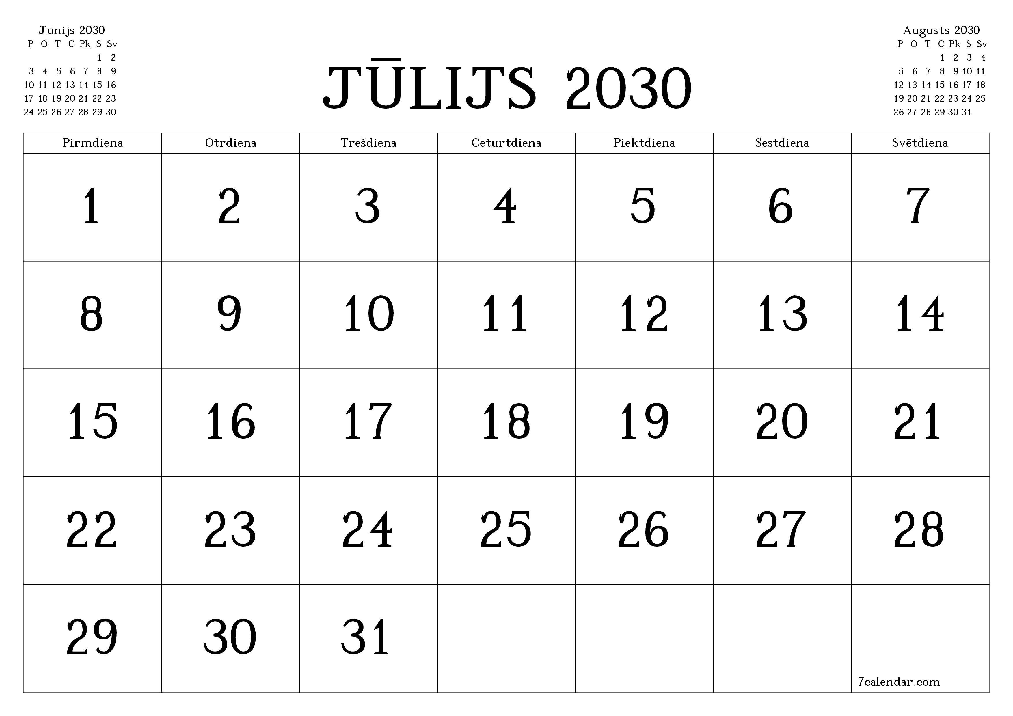 Iztukšot mēneša plānotāju mēnesim Jūlijs 2030 ar piezīmēm, saglabāt un izdrukāt PDF formātā PNG Latvian