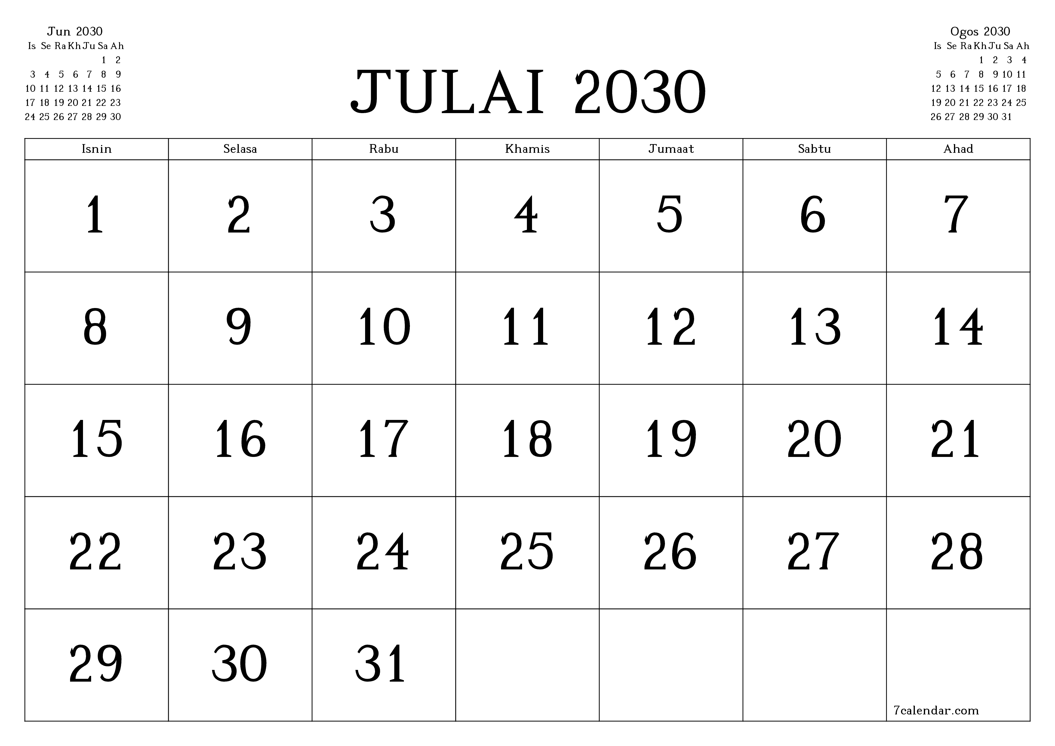 Perancang bulanan kosong untuk bulan Julai 2030 dengan nota, simpan dan cetak ke PDF PNG Malay
