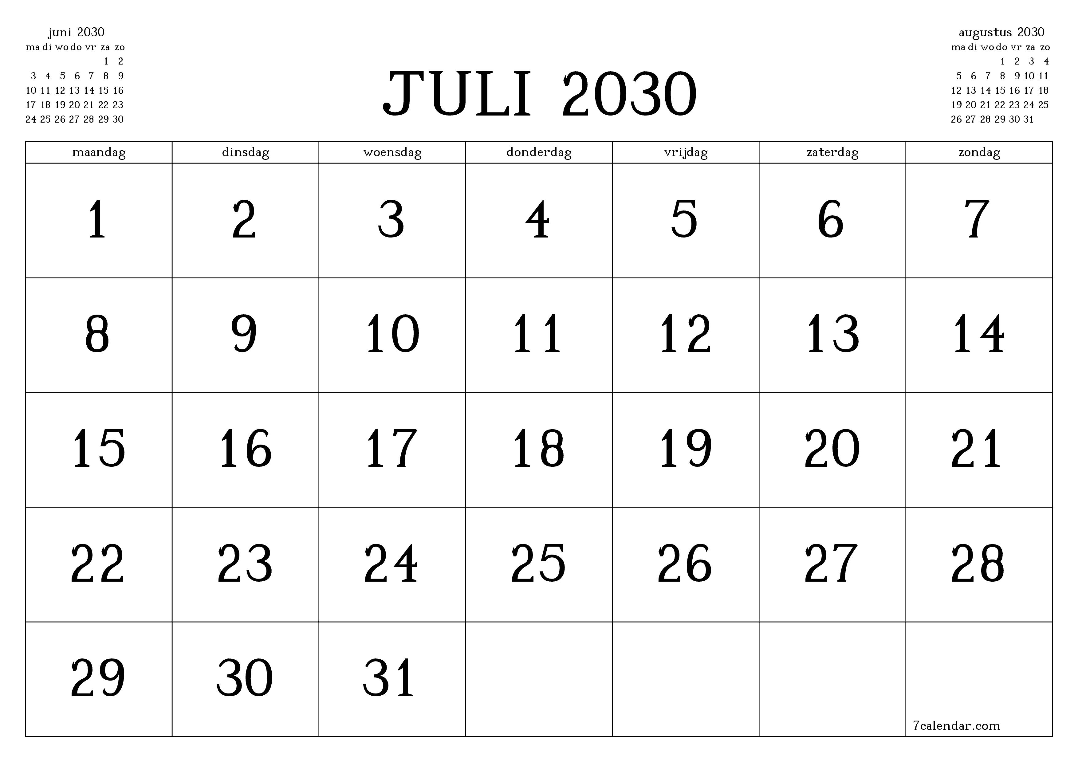 Lege maandplanner voor maand juli 2030 met notities, opslaan en afdrukken naar pdf PNG Dutch