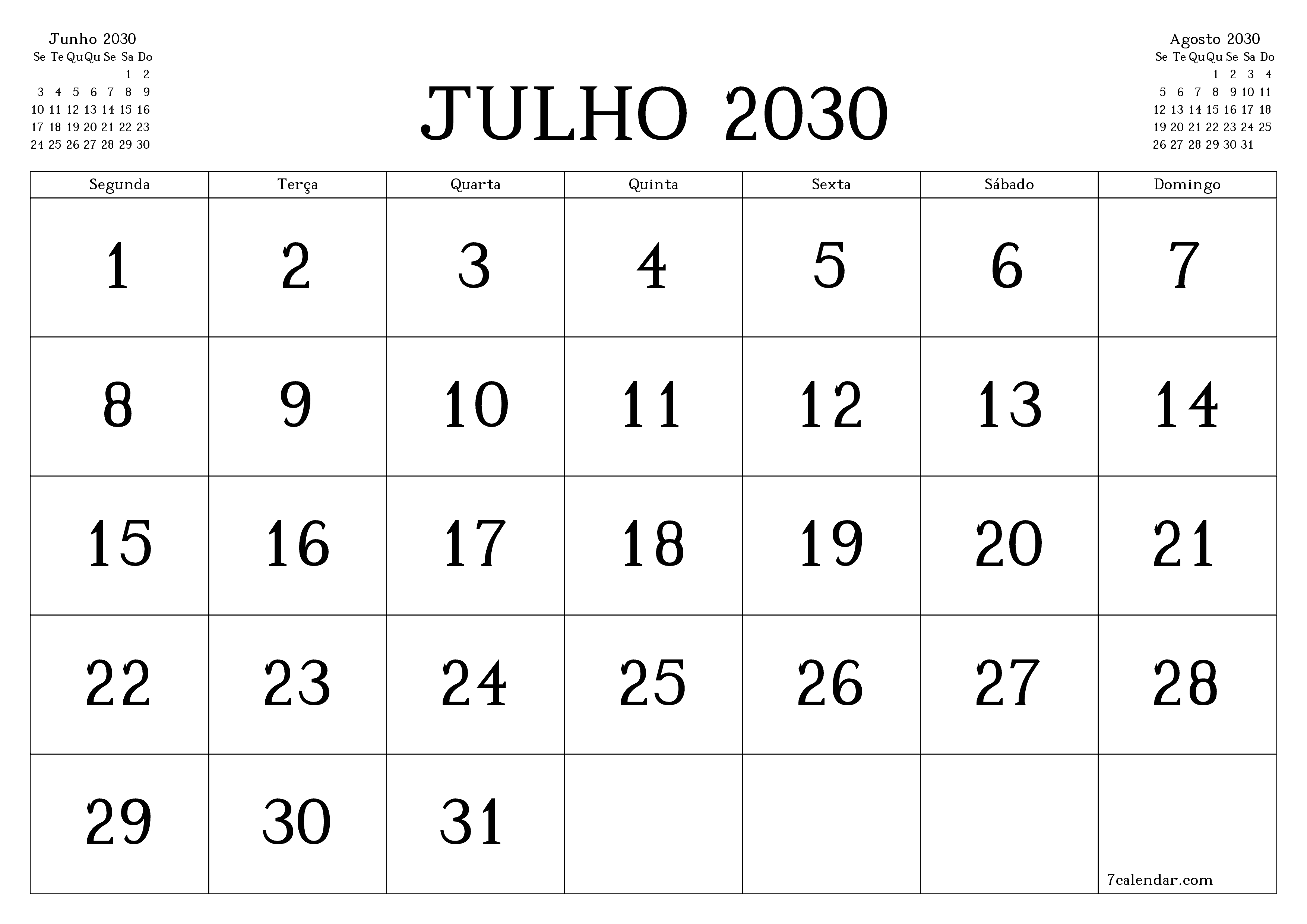 Esvazie o planejador mensal para o mês Julho 2030 com notas, salve e imprima em PDF PNG Portuguese