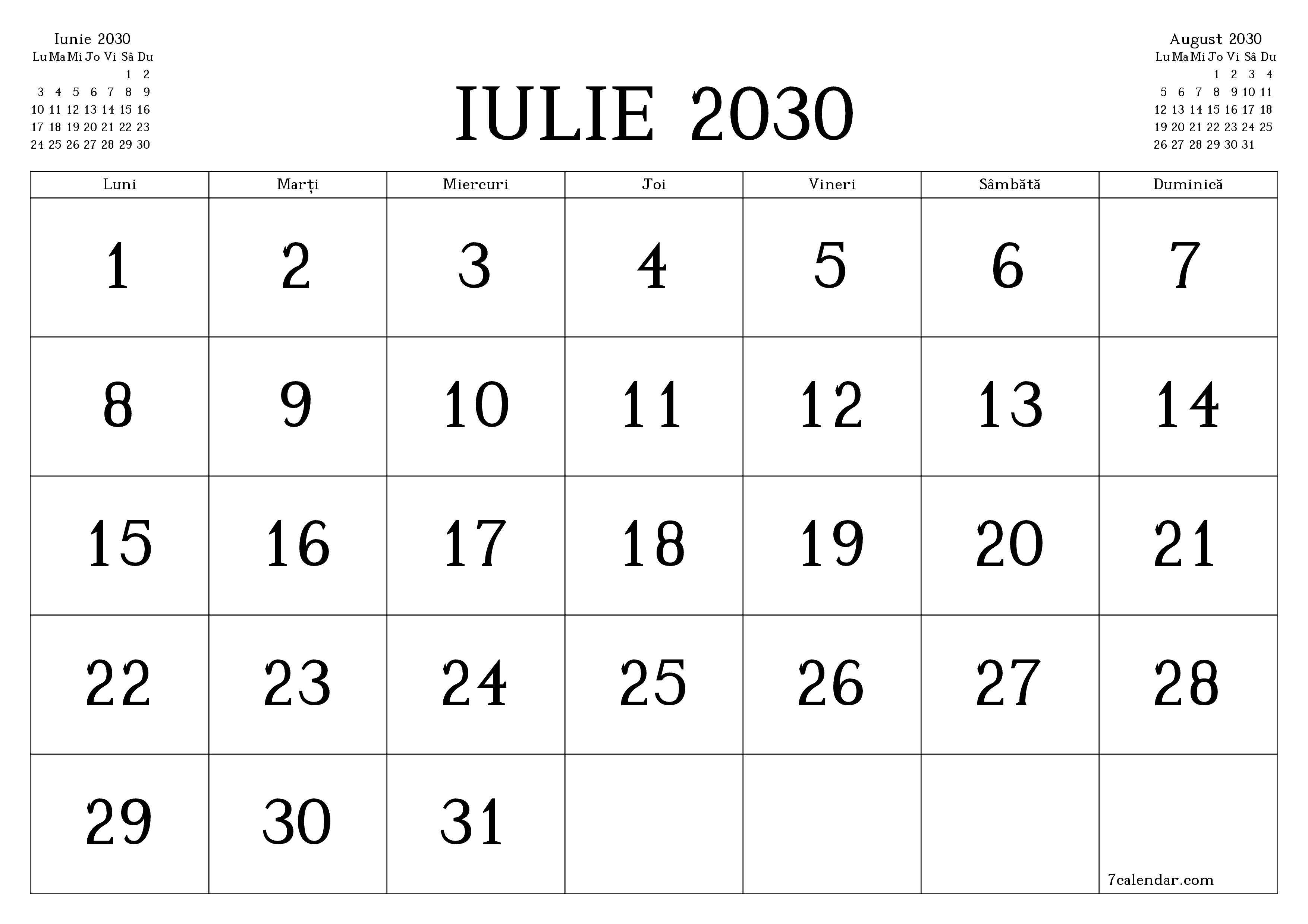 Planificator lunar gol pentru luna Iulie 2030 cu note, salvați și tipăriți în PDF PNG Romanian