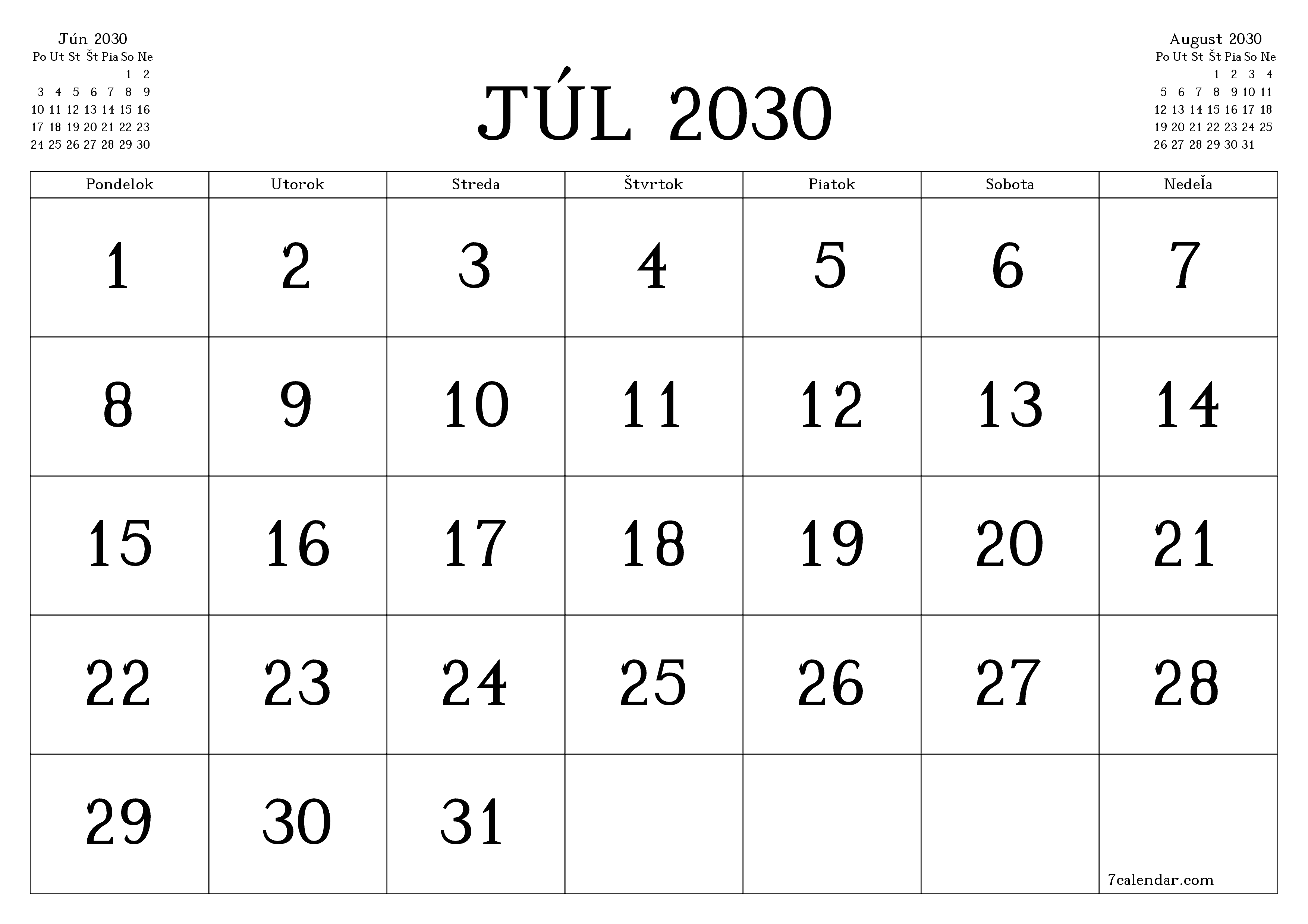 Prázdny mesačný plánovač na mesiac Júl 2030 s poznámkami, uloženie a tlač do PDF PNG Slovak