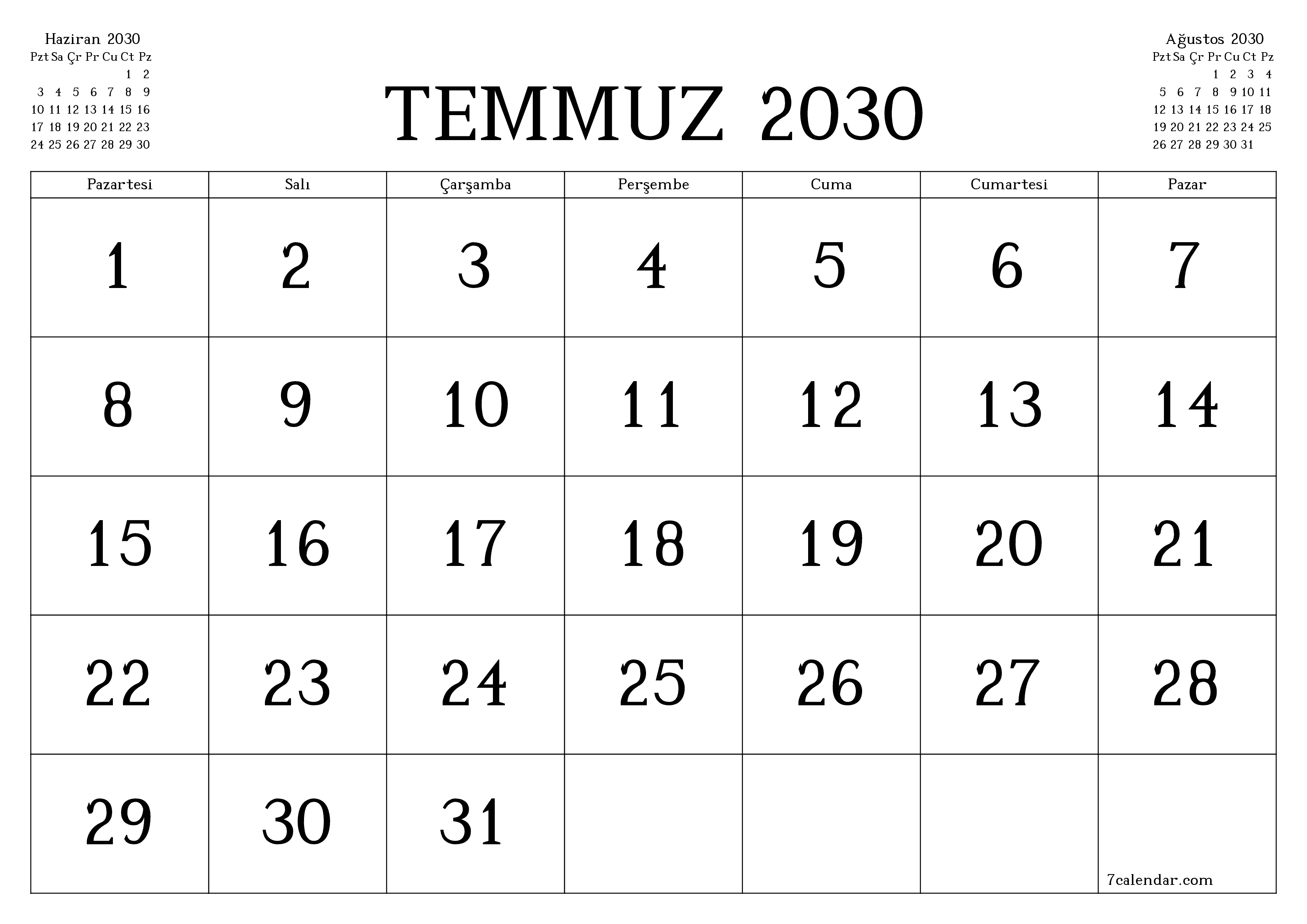 Temmuz 2030 ayı için notlarla birlikte boş aylık planlayıcı, kaydedin ve PDF'ye yazdırın PNG Turkish