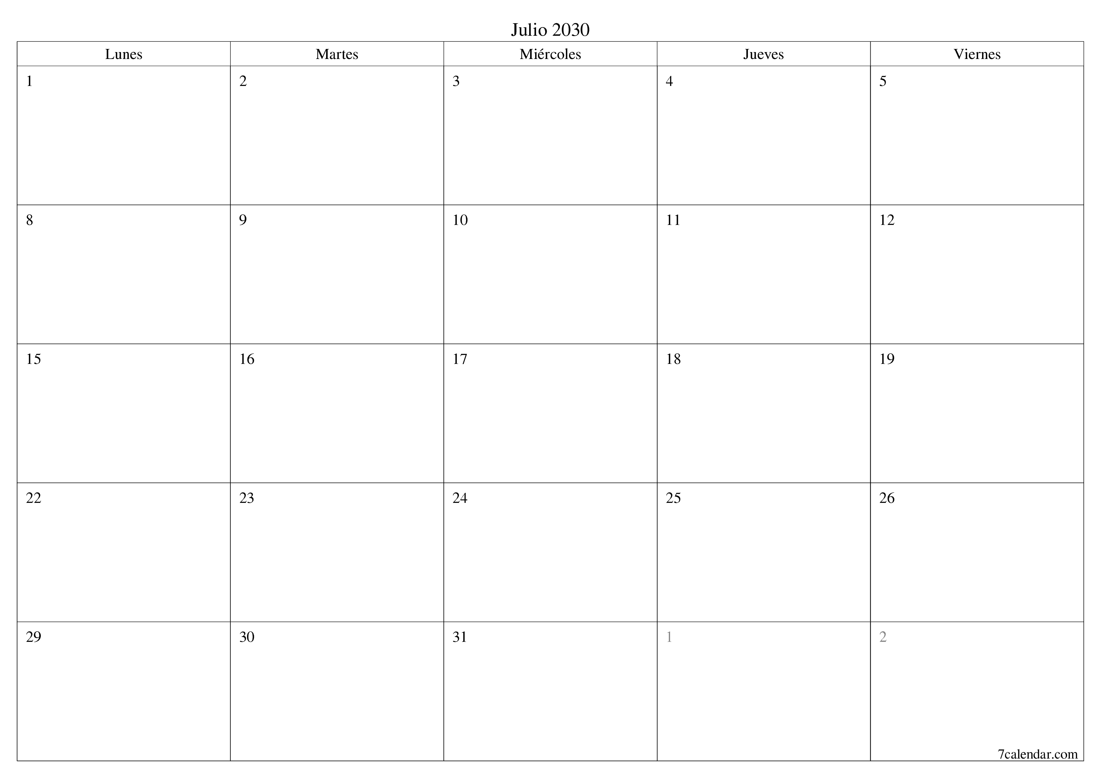 Planificador mensual vacío para el mes Julio 2030 con notas, guardar e imprimir en PDF PNG Spanish