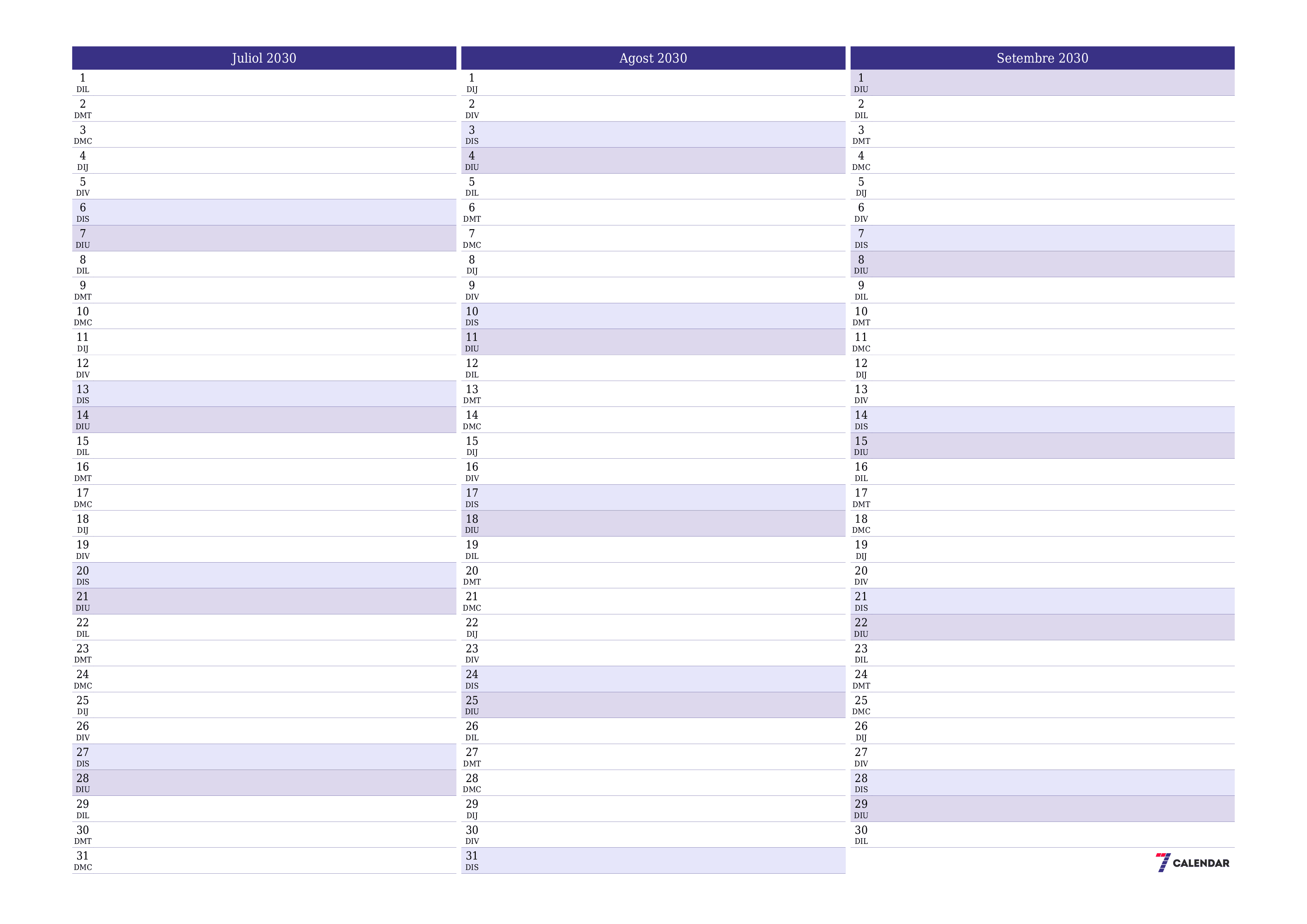 Planificador mensual buit del mes Juliol 2030 amb notes, deseu-lo i imprimiu-lo en format PDF PNG Catalan