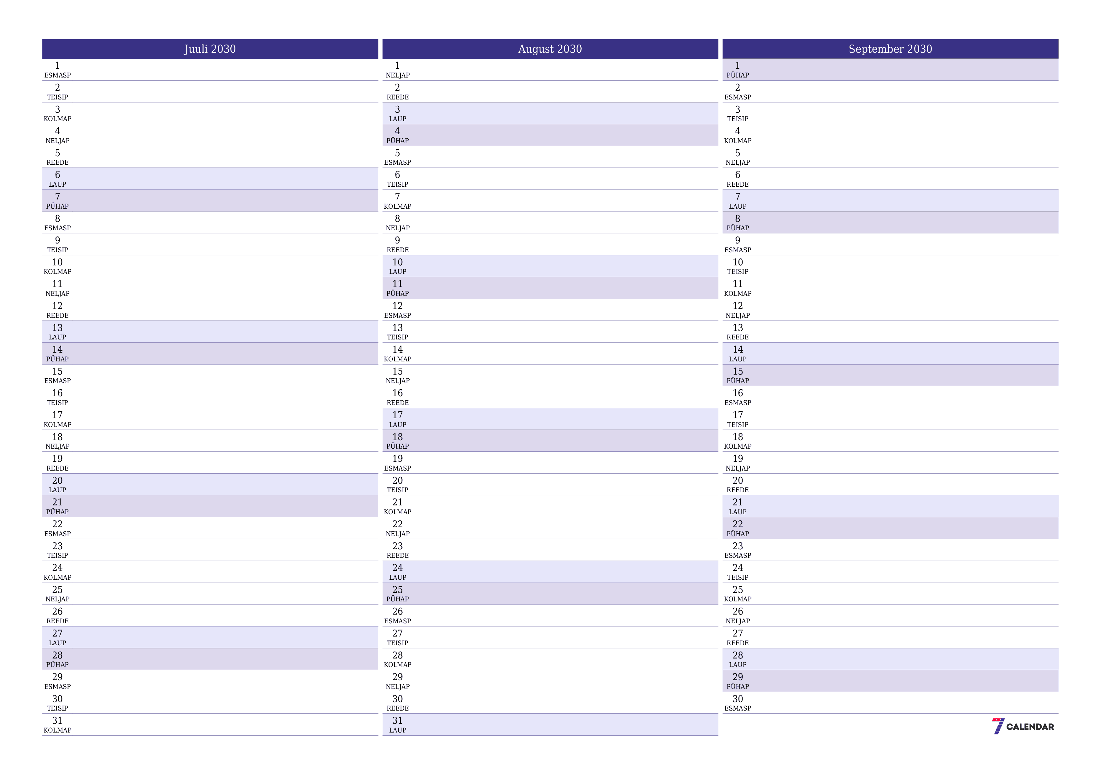 Tühjendage kuu Juuli 2030 kuuplaneerija märkmetega, salvestage ja printige PDF-i PNG Estonian