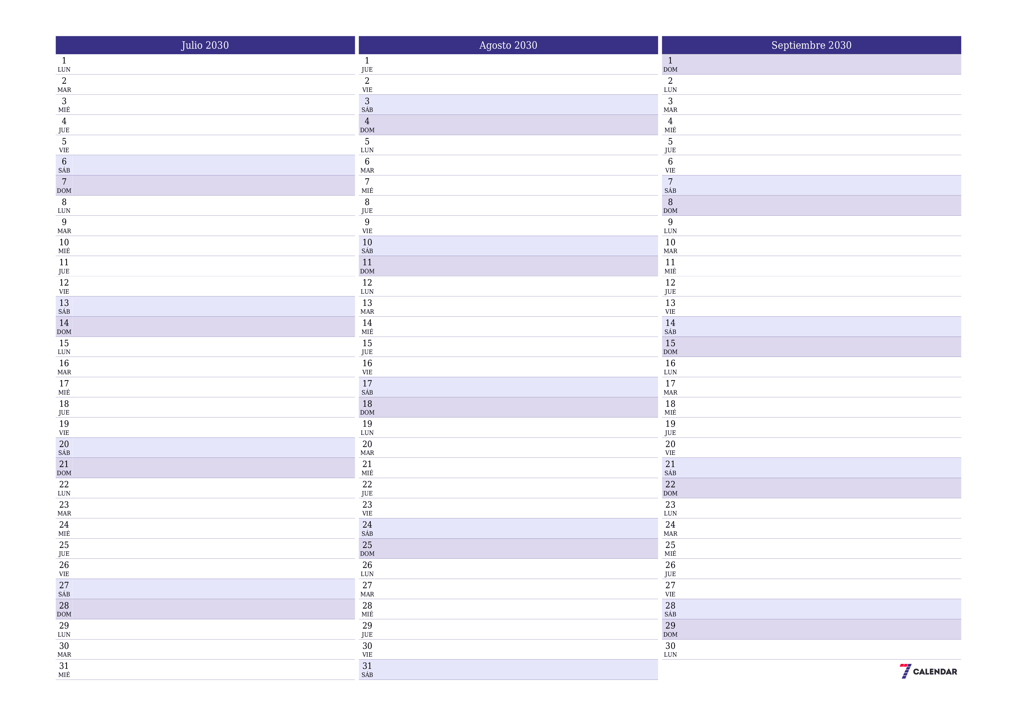 Planificador mensual vacío para el mes Julio 2030 con notas, guardar e imprimir en PDF PNG Spanish