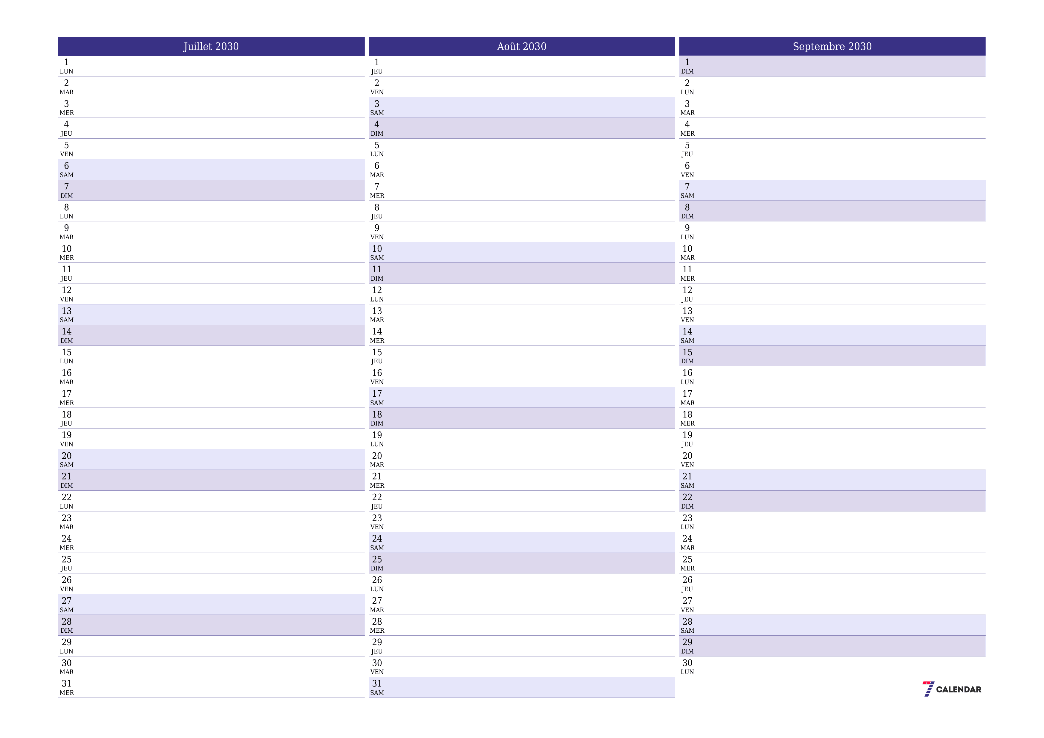 Agenda mensuel vide pour le mois Juillet 2030 avec notes, enregistrez et imprimez au format PDF PNG French