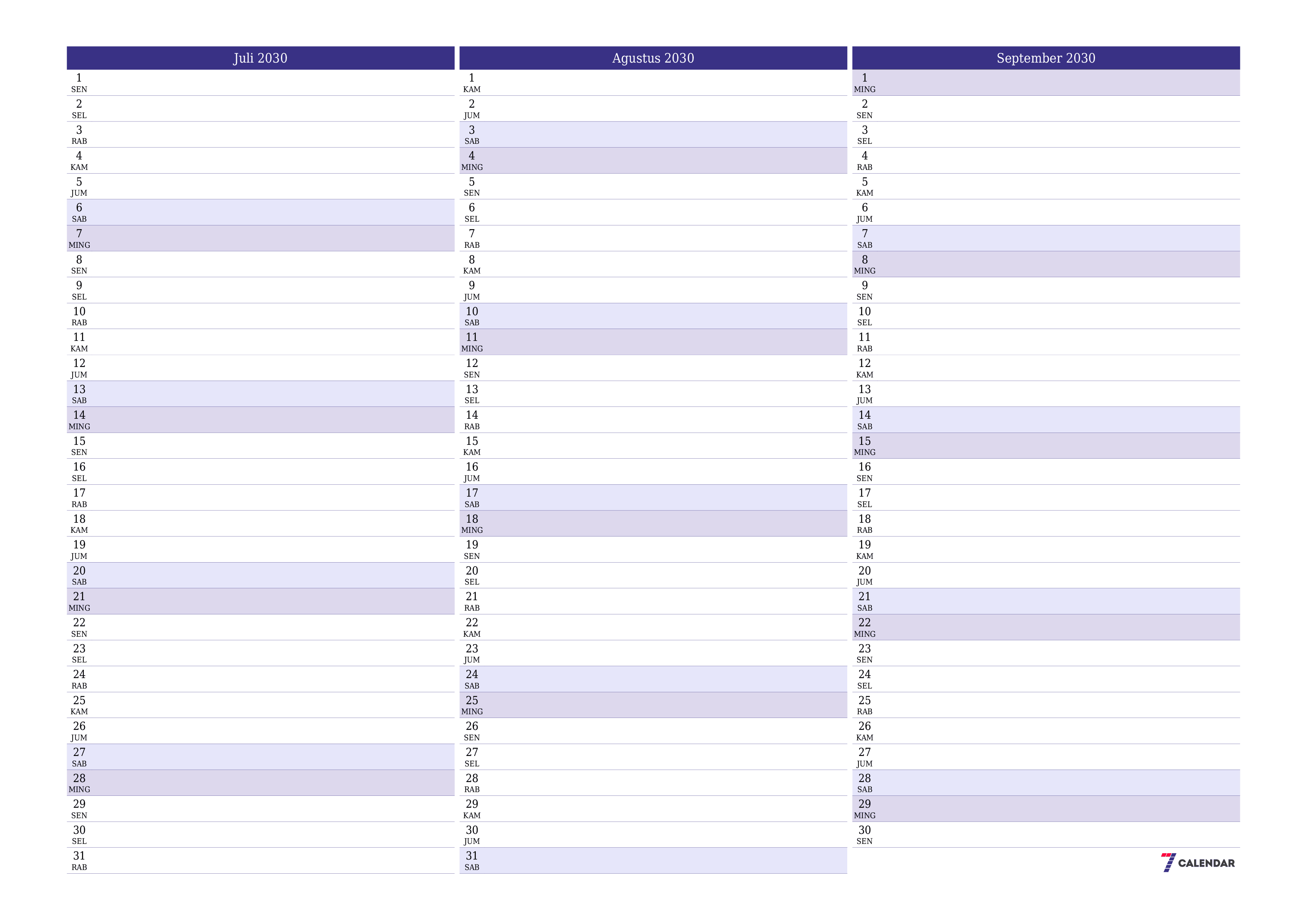 Kosongkan agenda bulanan untuk bulan Juli 2030 dengan catatan, simpan dan cetak ke PDF PNG Indonesian
