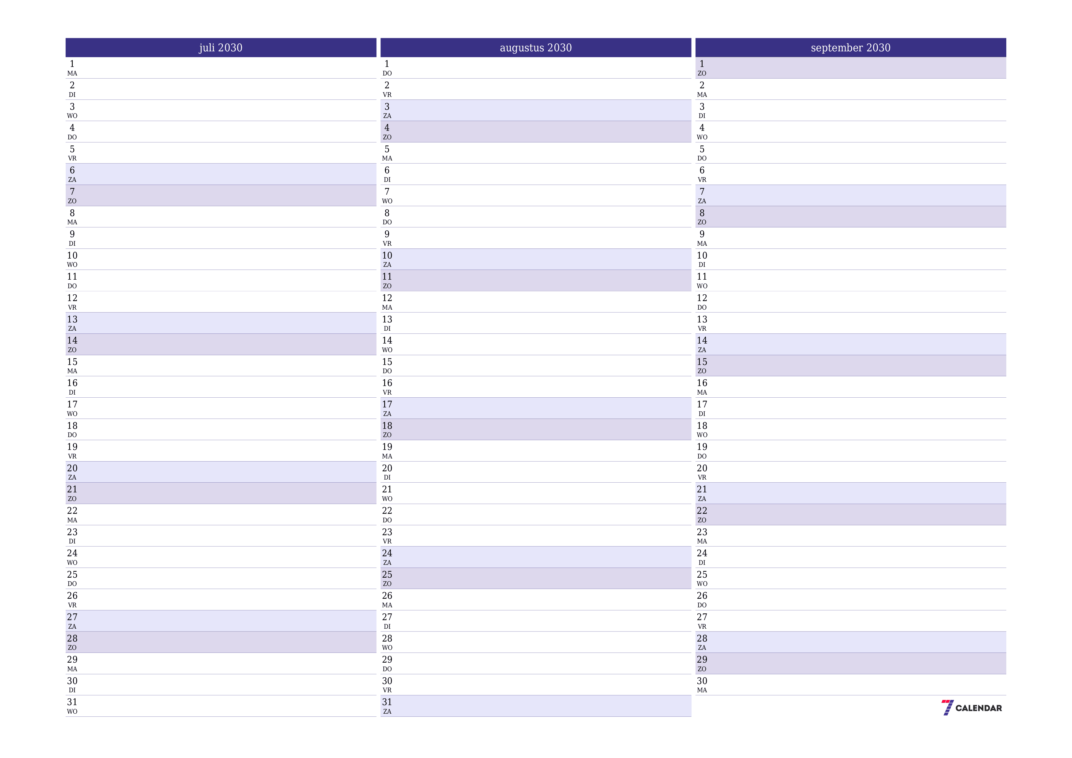 Lege maandplanner voor maand juli 2030 met notities, opslaan en afdrukken naar pdf PNG Dutch
