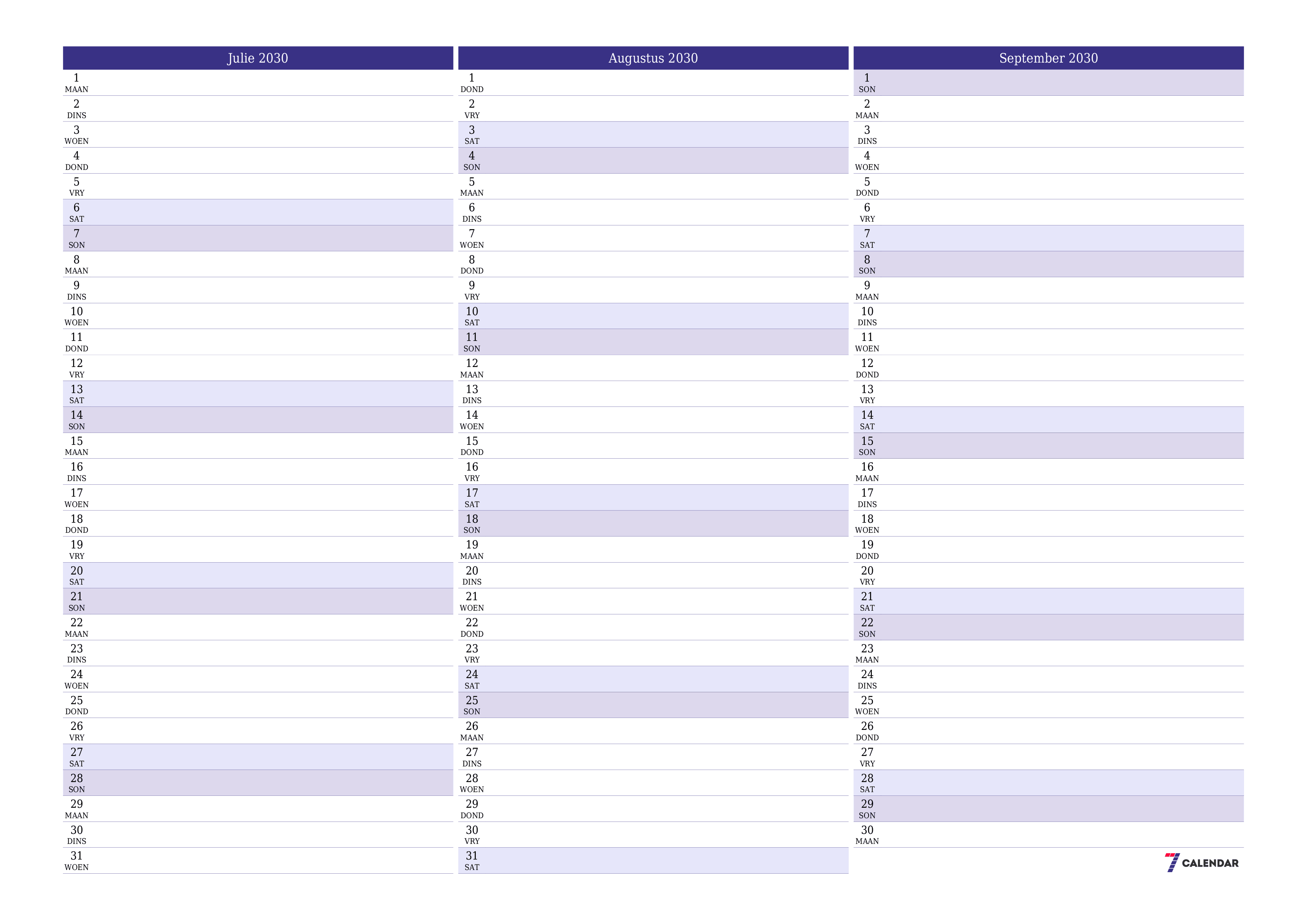 Leë maandelikse drukbare kalender en beplanner vir maand Julie 2030 met notas stoor en druk na PDF PNG Afrikaans