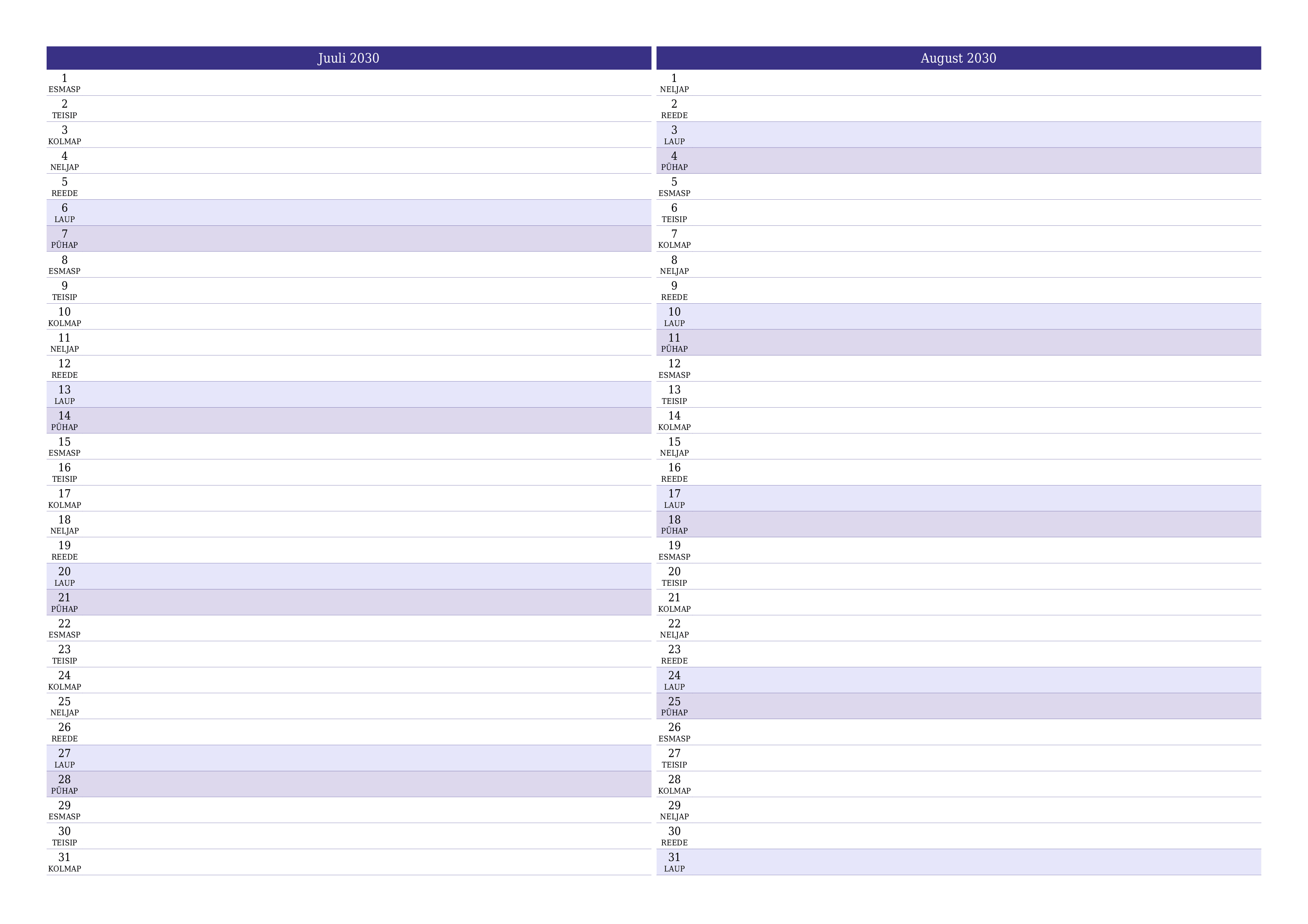 Tühjendage kuu Juuli 2030 kuuplaneerija märkmetega, salvestage ja printige PDF-i PNG Estonian