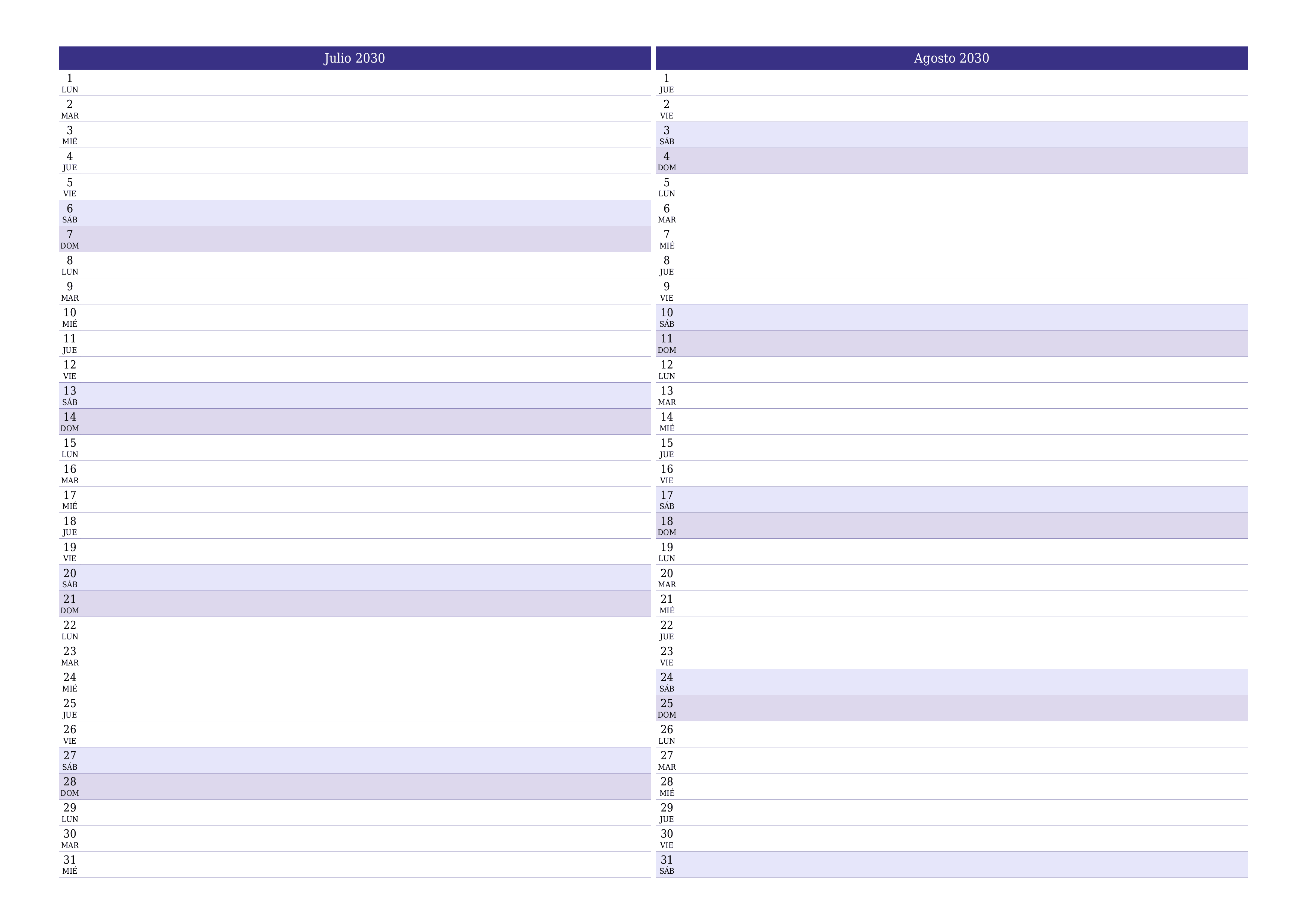 Planificador mensual vacío para el mes Julio 2030 con notas, guardar e imprimir en PDF PNG Spanish