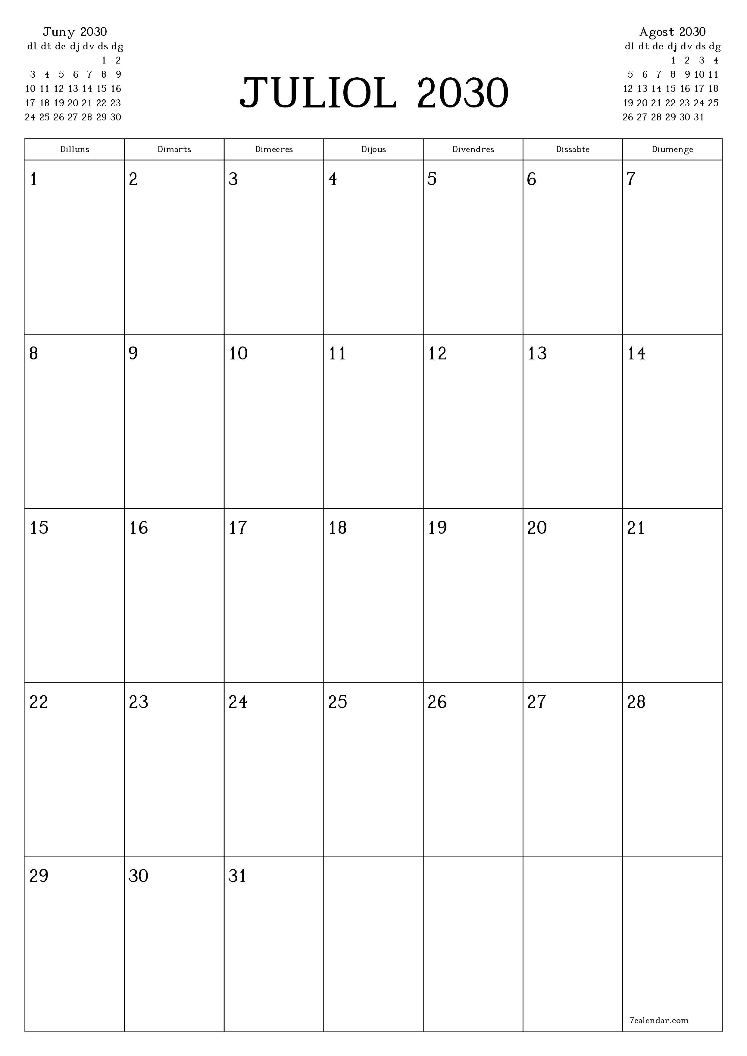  imprimible de paret plantilla de gratuïtvertical Mensual planificador calendari Juliol (Jul) 2030