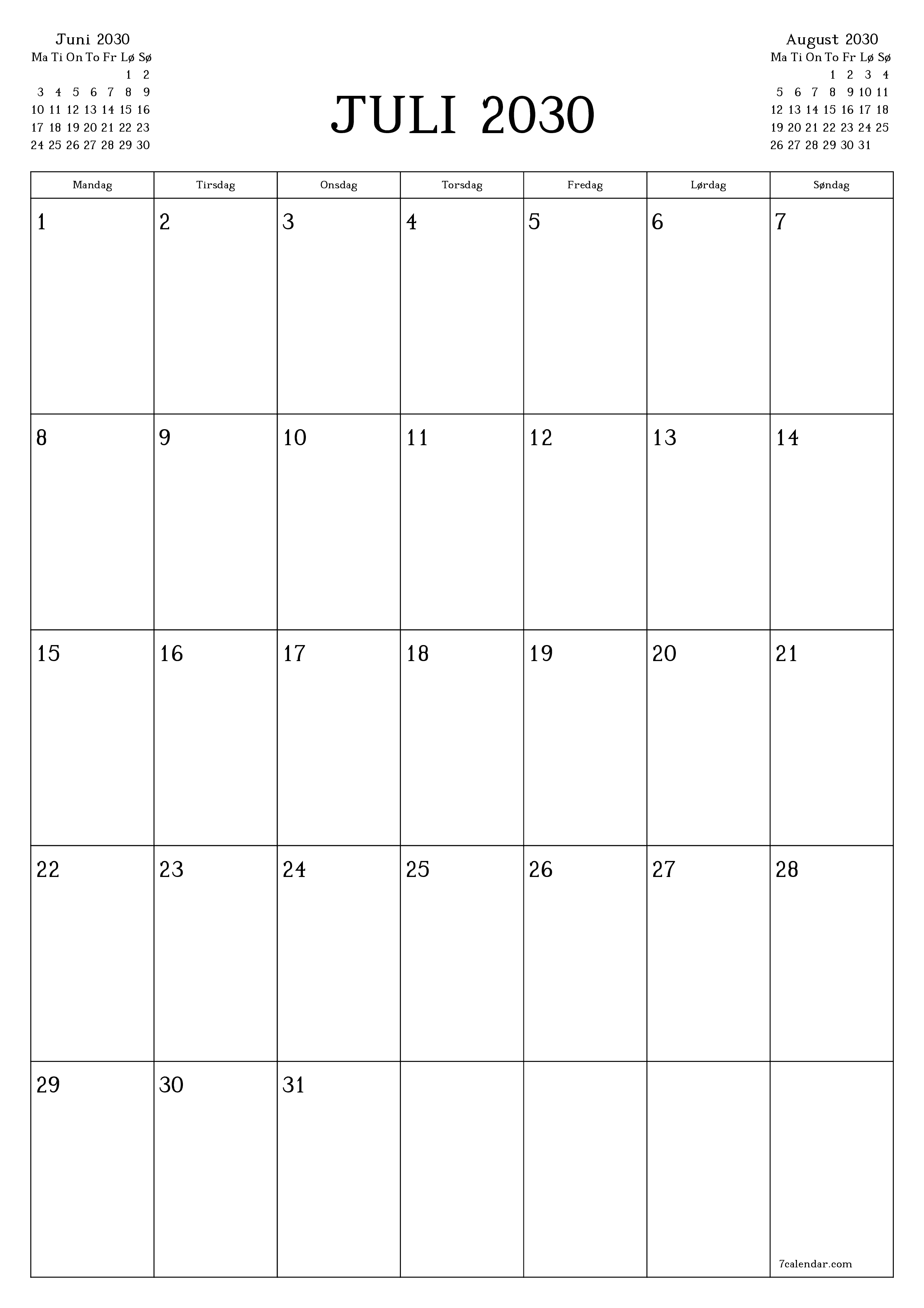 udskrivbar væg skabelon gratis lodret Månedlig planlægger kalender Juli (Jul) 2030