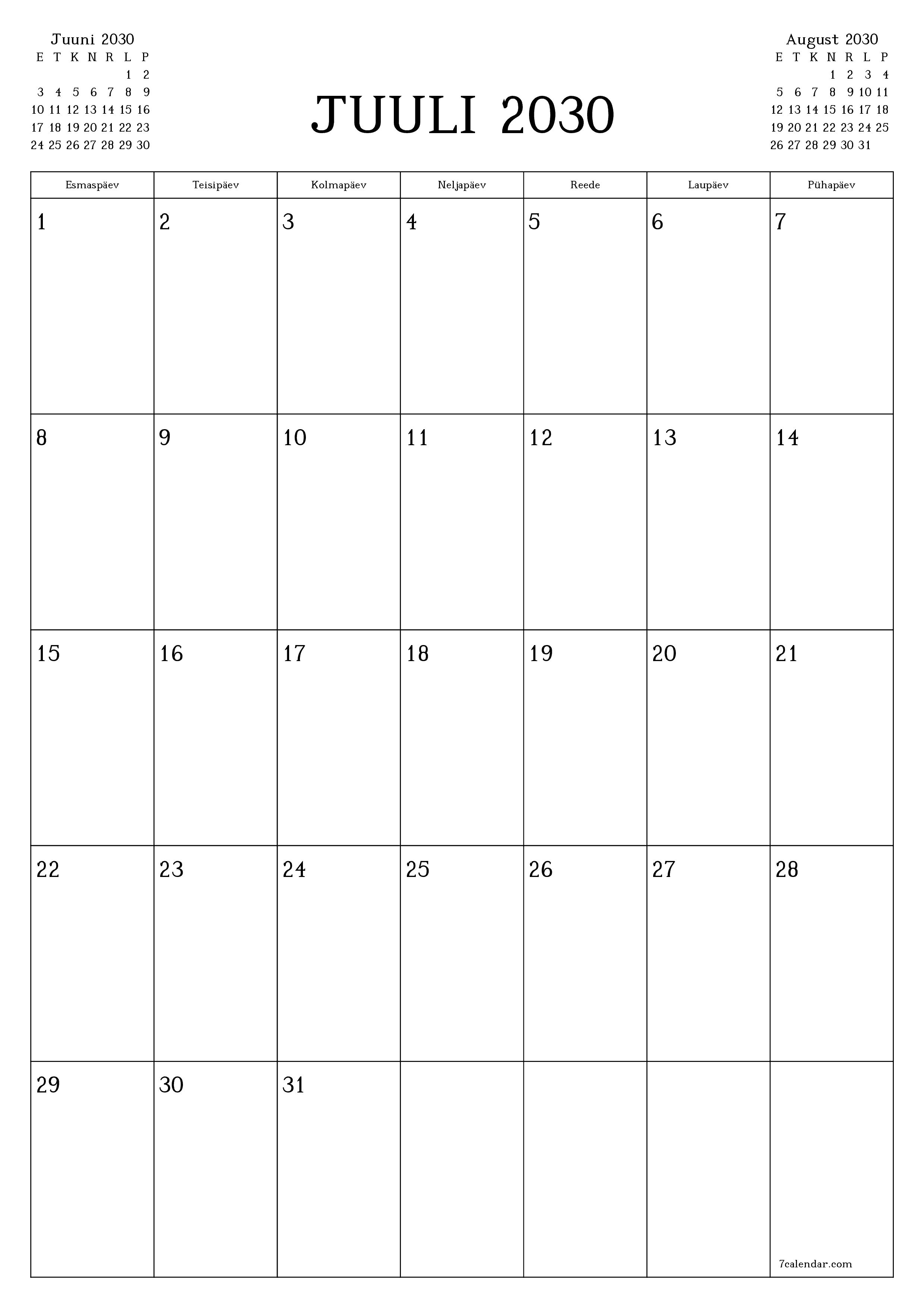 prinditav seina kalendri mall tasuta vertikaalne Igakuine planeerija kalender Juuli (Juuli) 2030