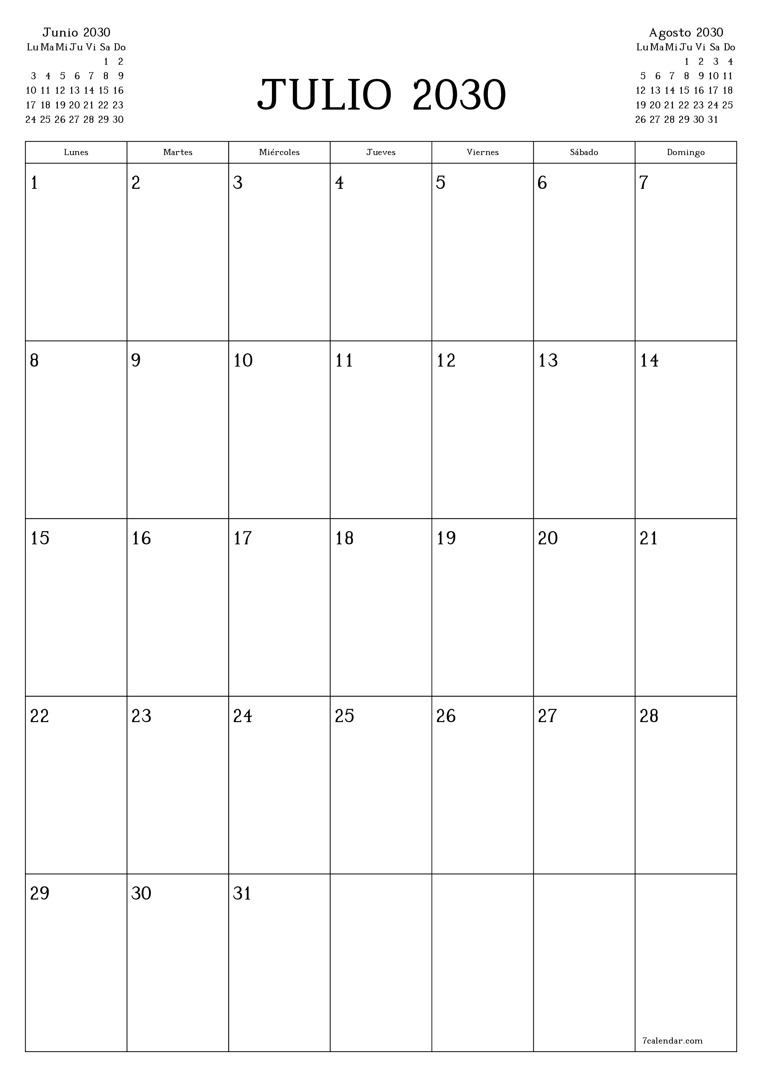  imprimible de pared plantilla de gratisvertical Mensual planificador calendario Julio (Jul) 2030