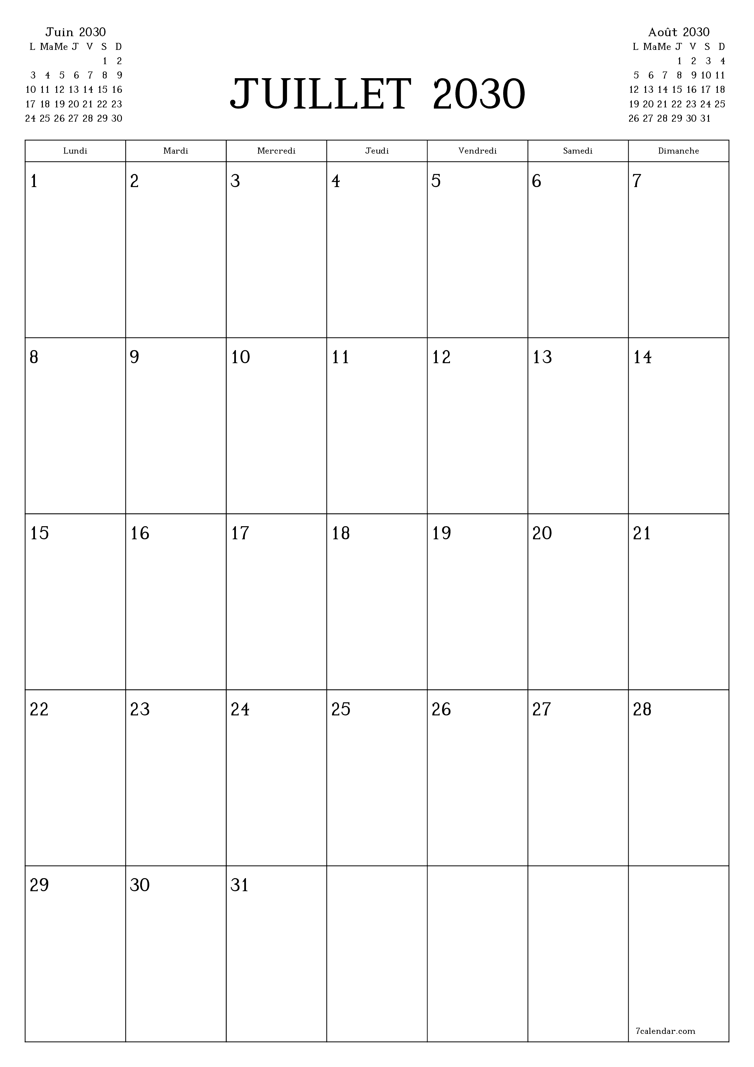  imprimable mural modèle de gratuitverticale Mensuel planificateur calendrier Juillet (Jul) 2030