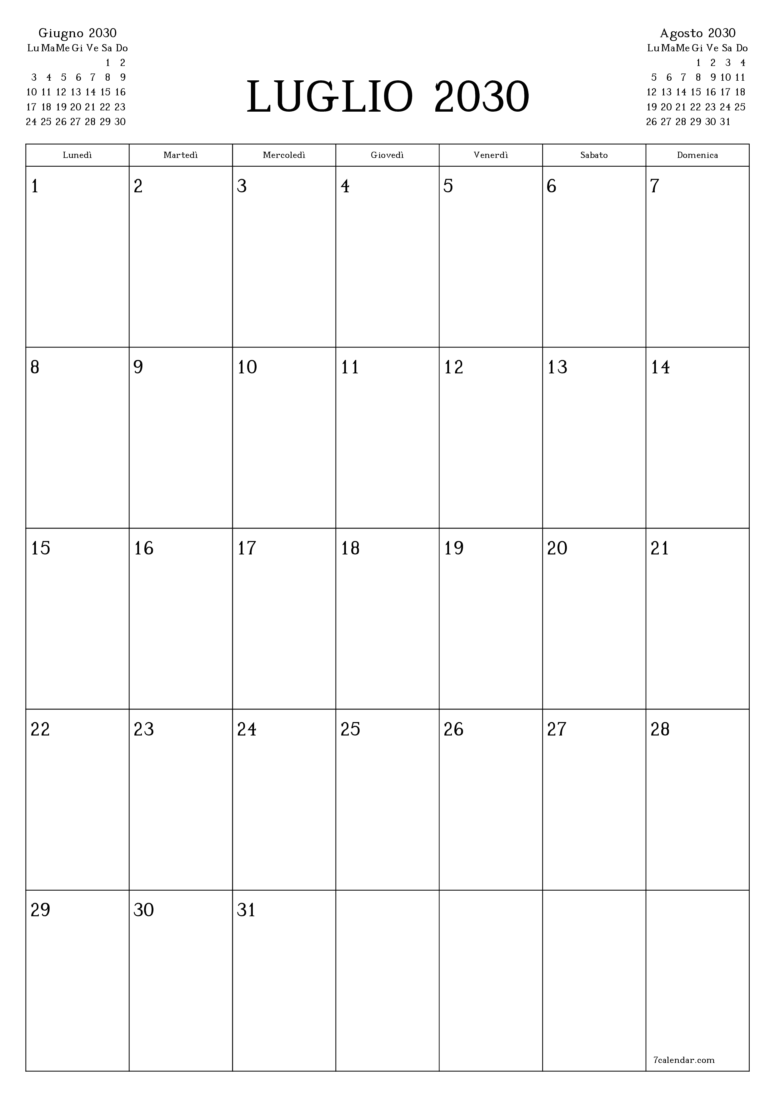  stampabile da parete modello di gratuitoverticale Mensile pianificatore calendario Luglio (Lug) 2030