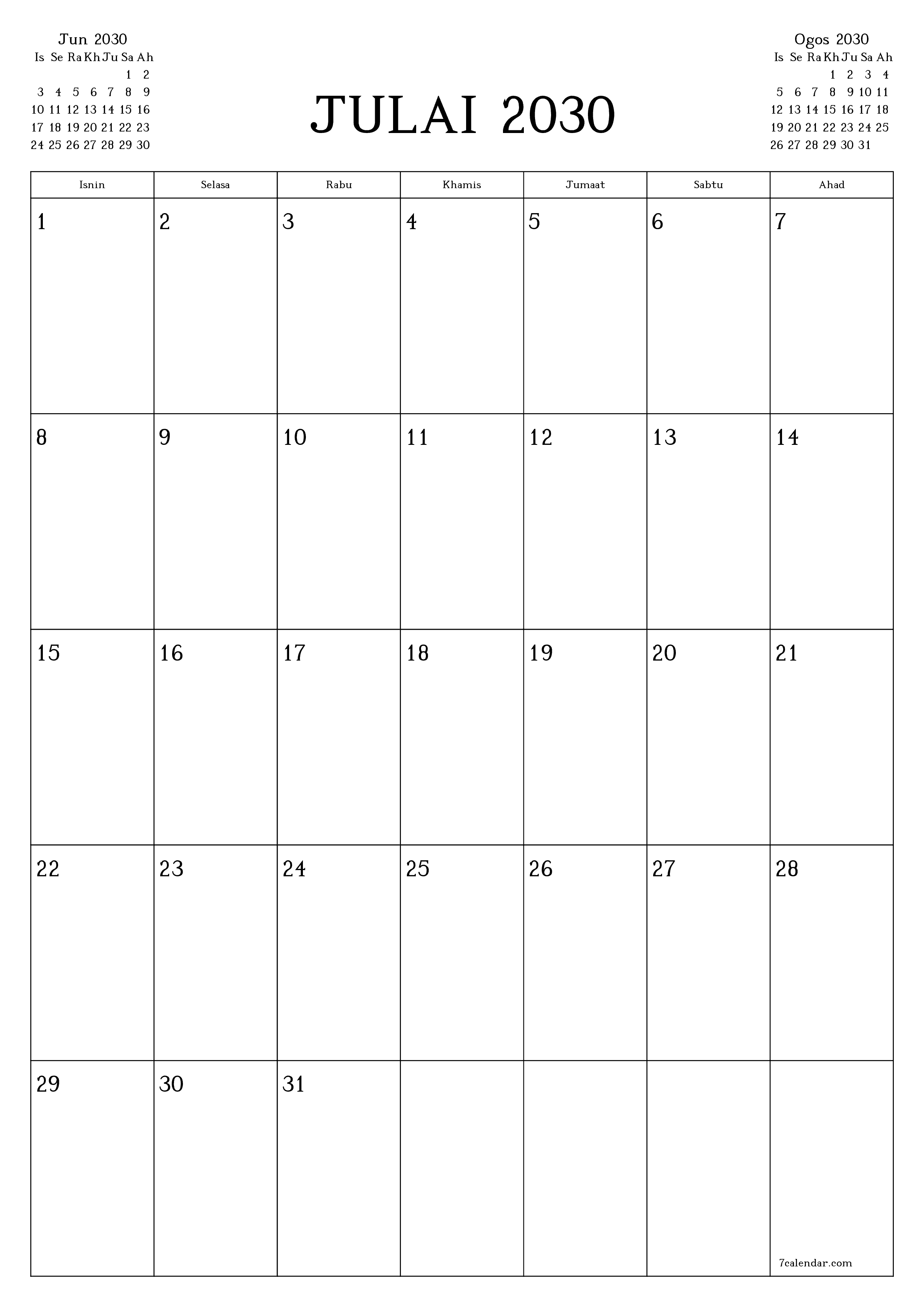  boleh cetak dinding templat percumamenegak Bulanan perancang kalendar Julai (Jul) 2030