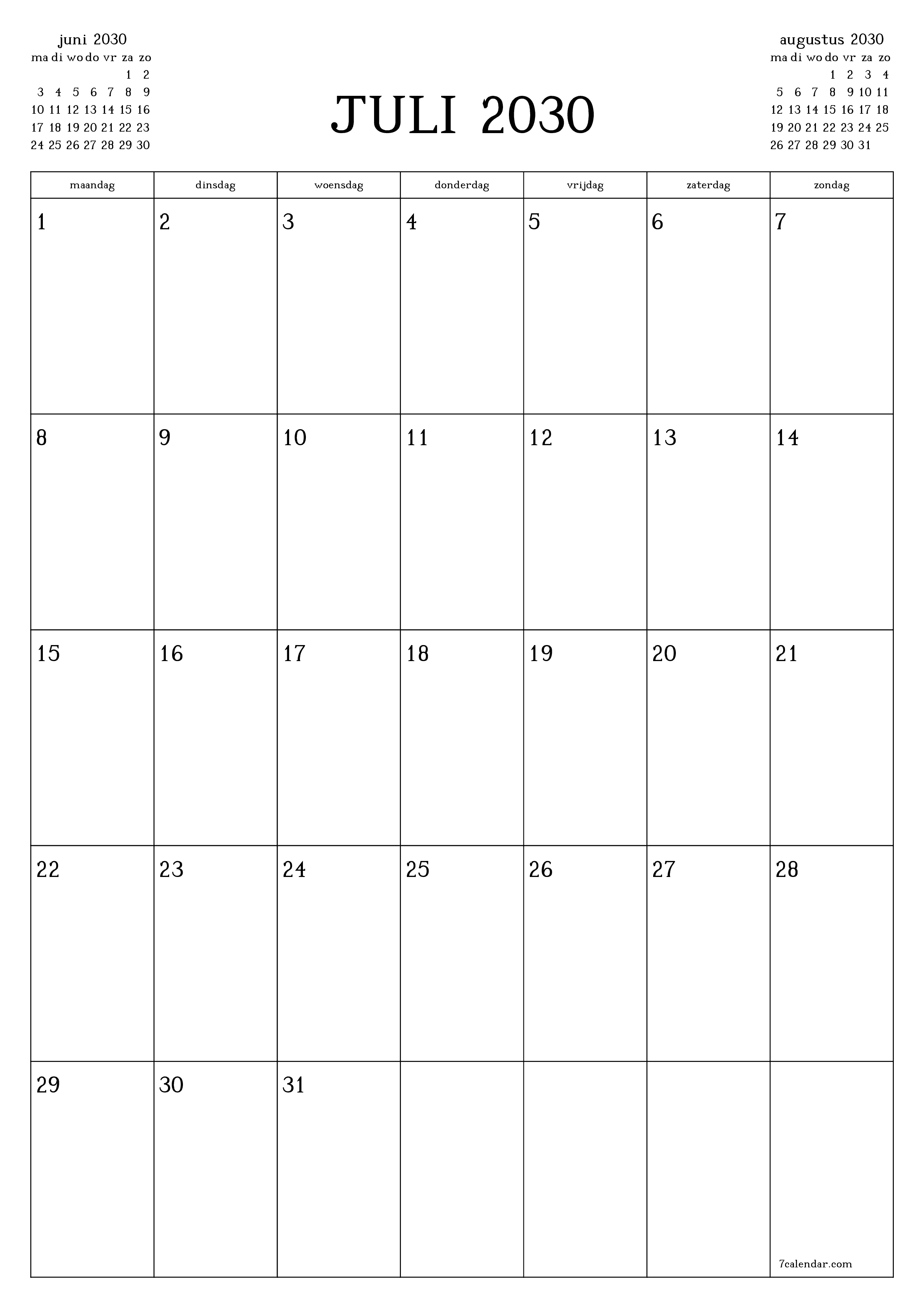 afdrukbare muur sjabloon gratis verticaal Maandelijks planner kalender juli (jul) 2030