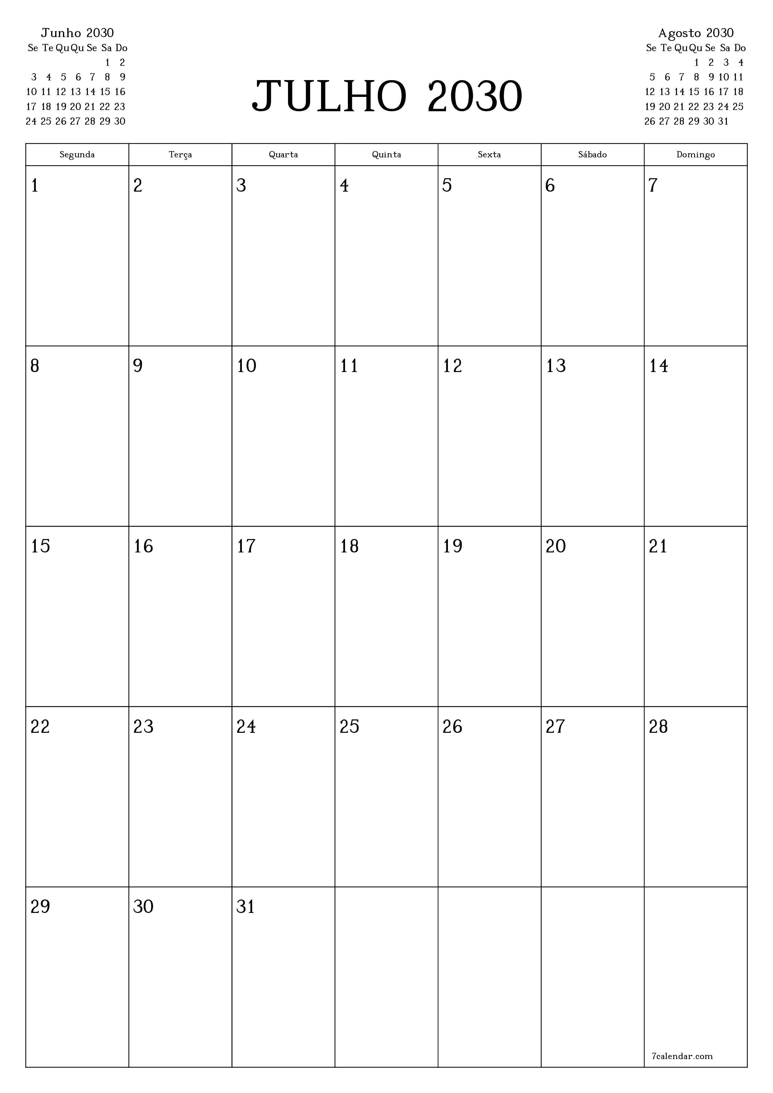  para impressão de parede modelo de grátisvertical Mensal planejador calendário Julho (Jul) 2030