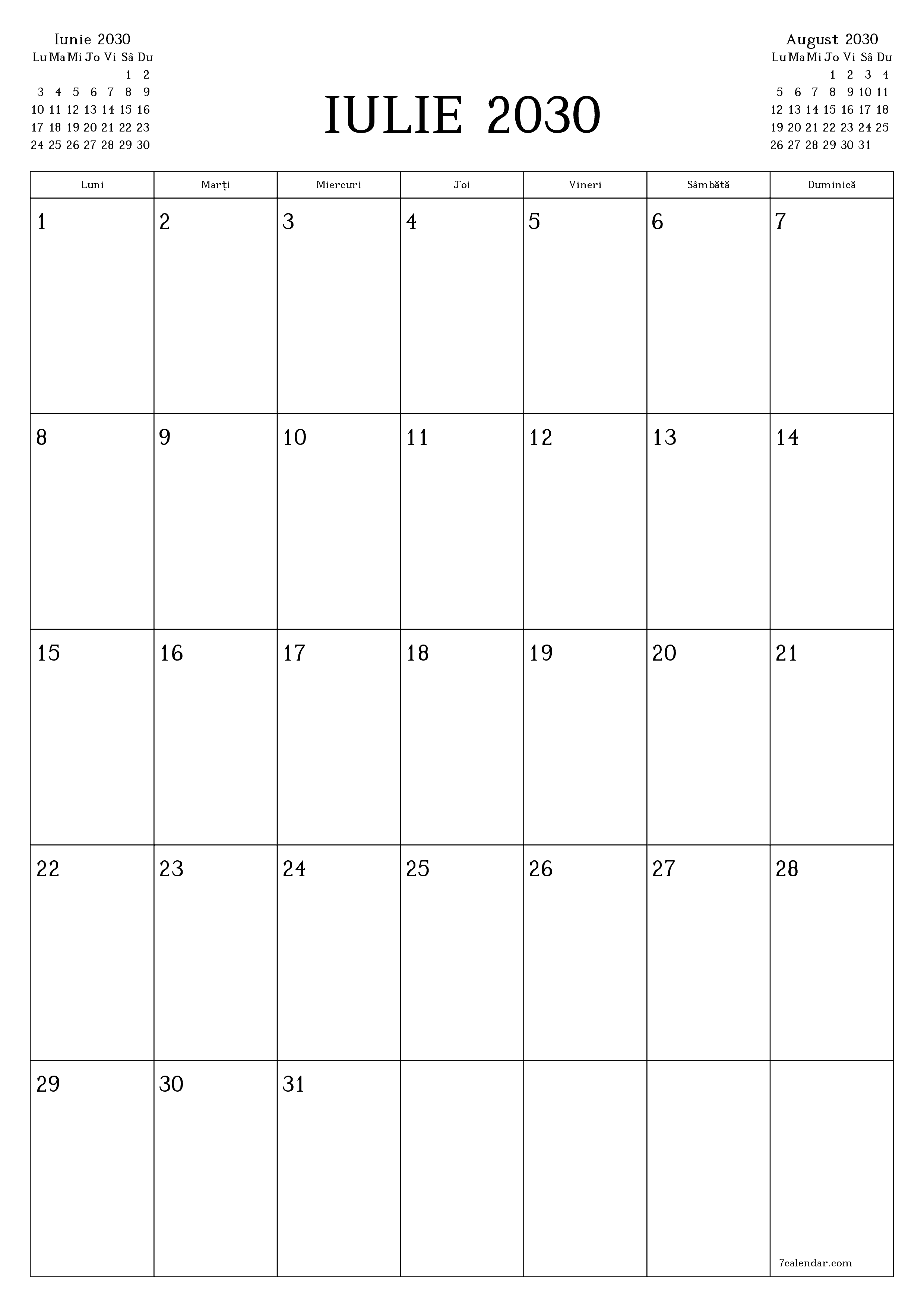  imprimabil de perete șablon de gratuitvertical Lunar planificator calendar Iulie (Iul) 2030