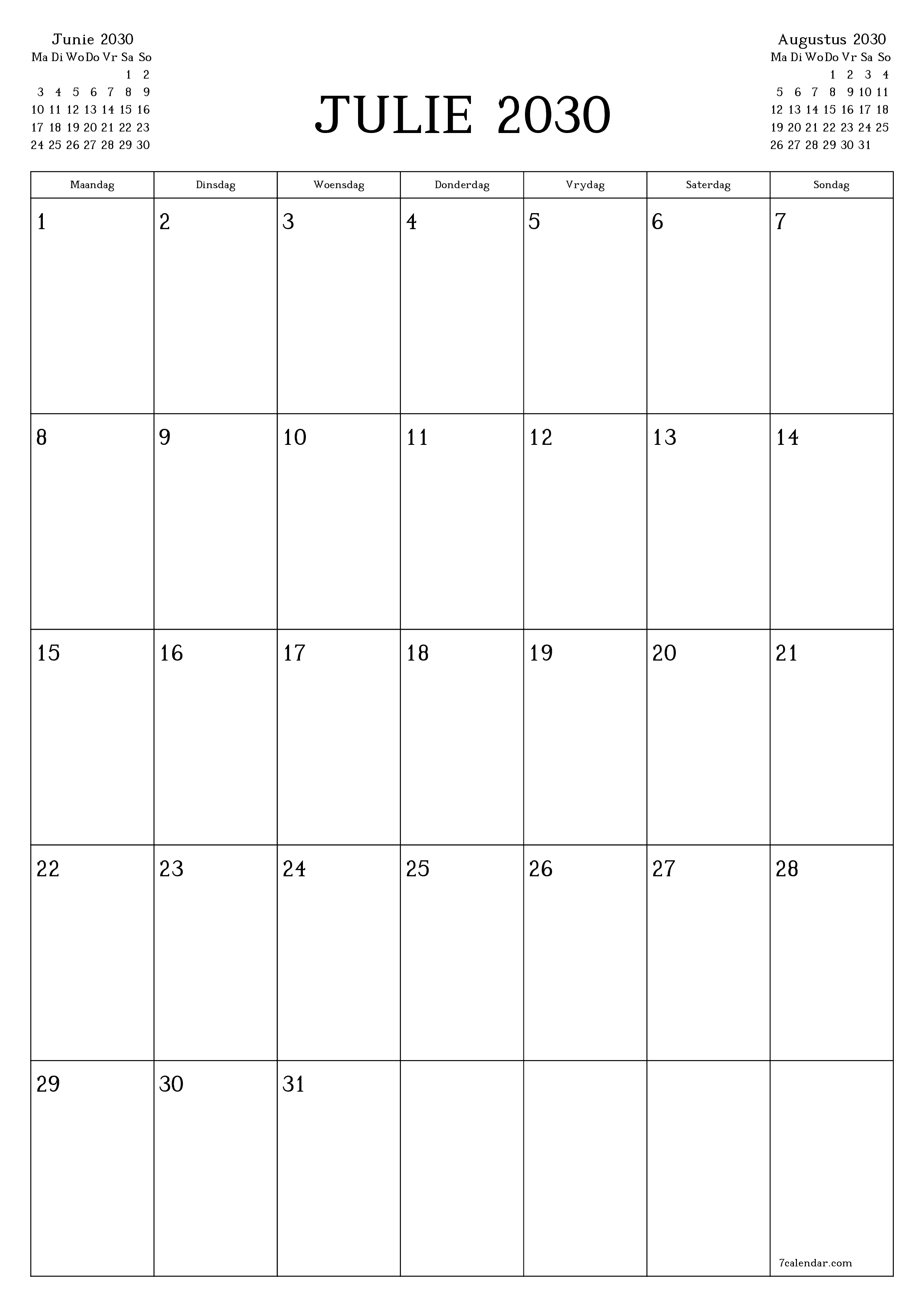 drukbare muur template gratis vertikaal Maandeliks beplanner kalender Julie (Jul) 2030