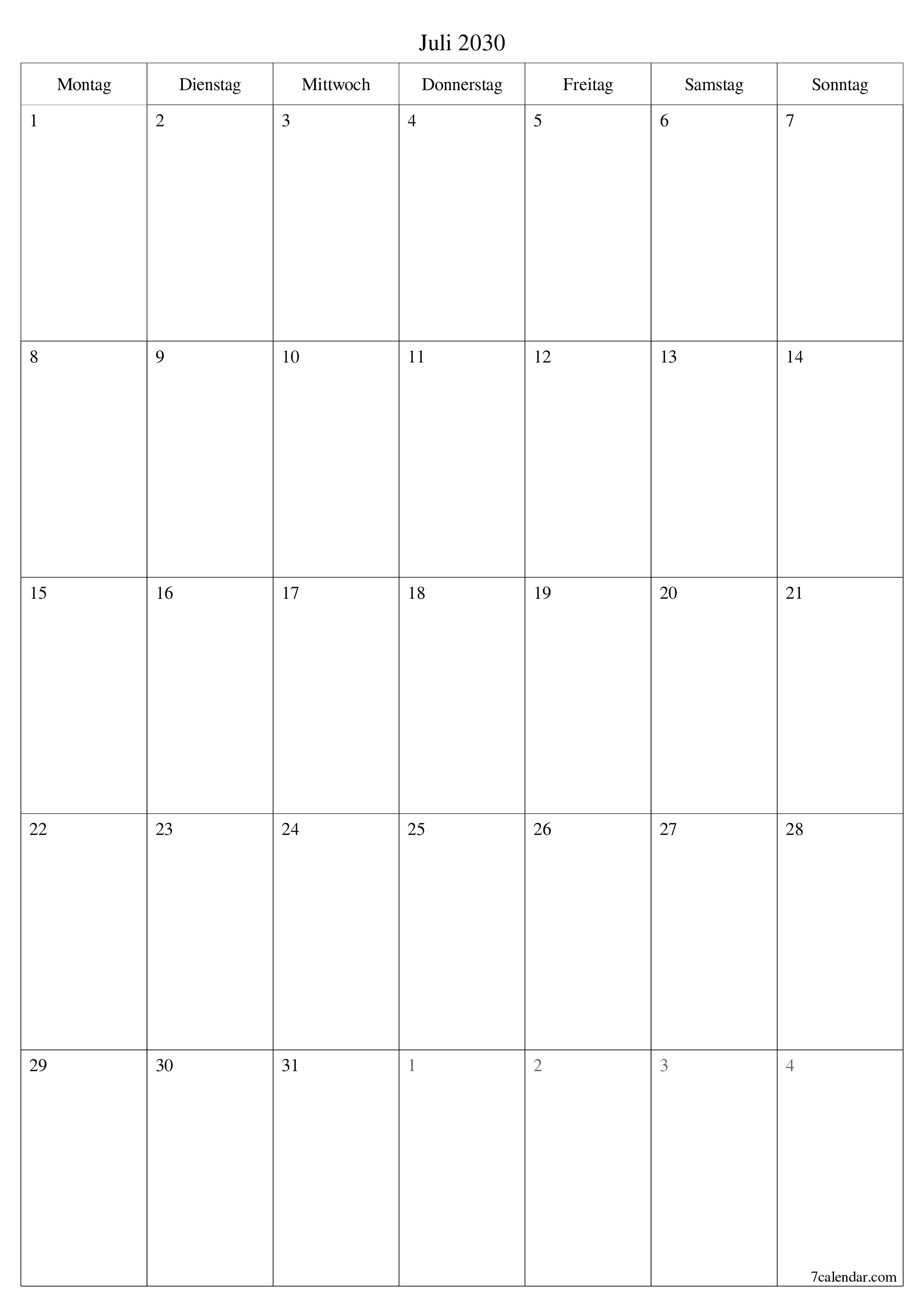  zum Ausdrucken Wandkalender vorlage kostenloser vertikal Monatlich Planer Kalender Juli (Jul) 2030