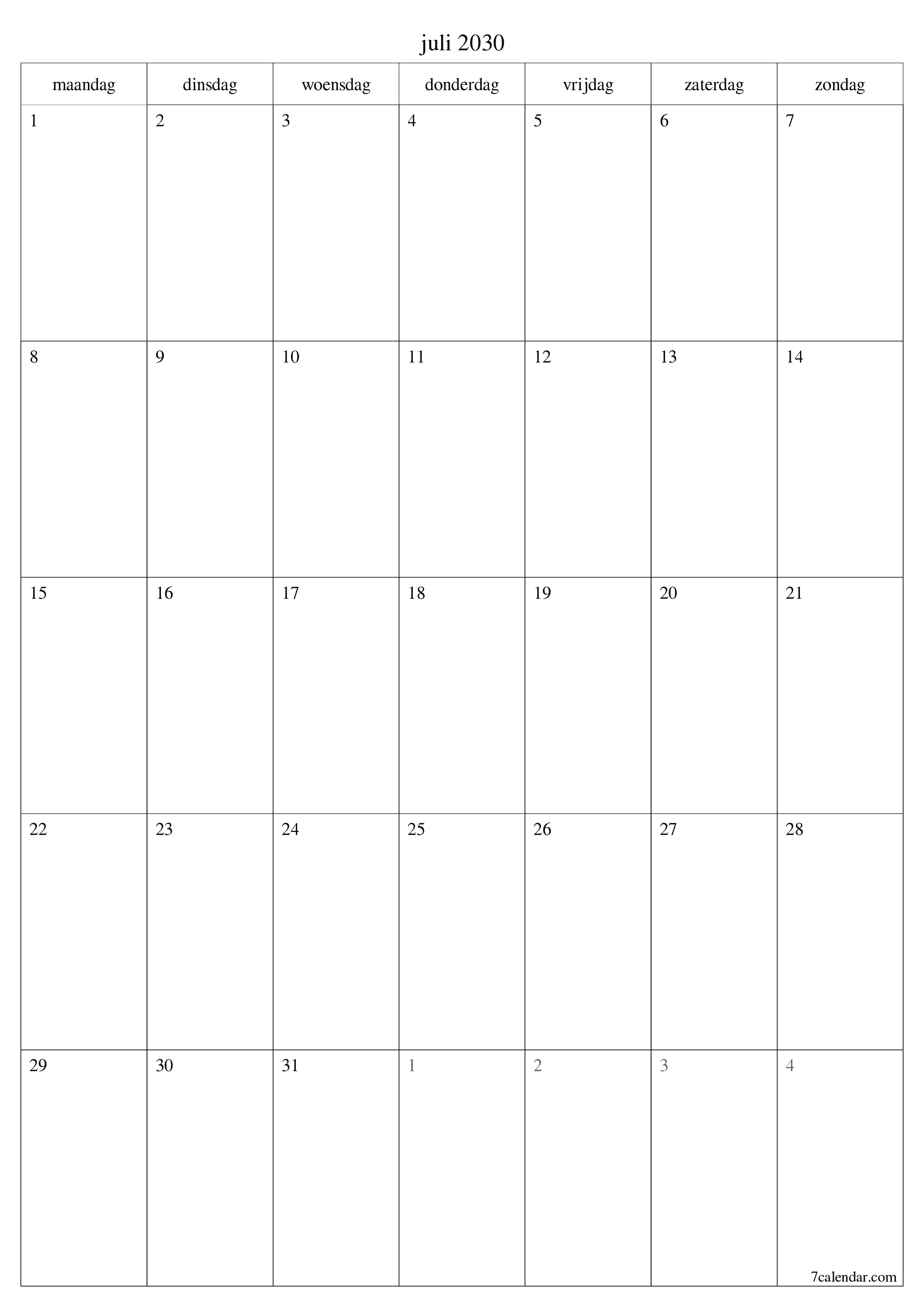afdrukbare muur sjabloon gratis verticaal Maandelijks planner kalender juli (jul) 2030